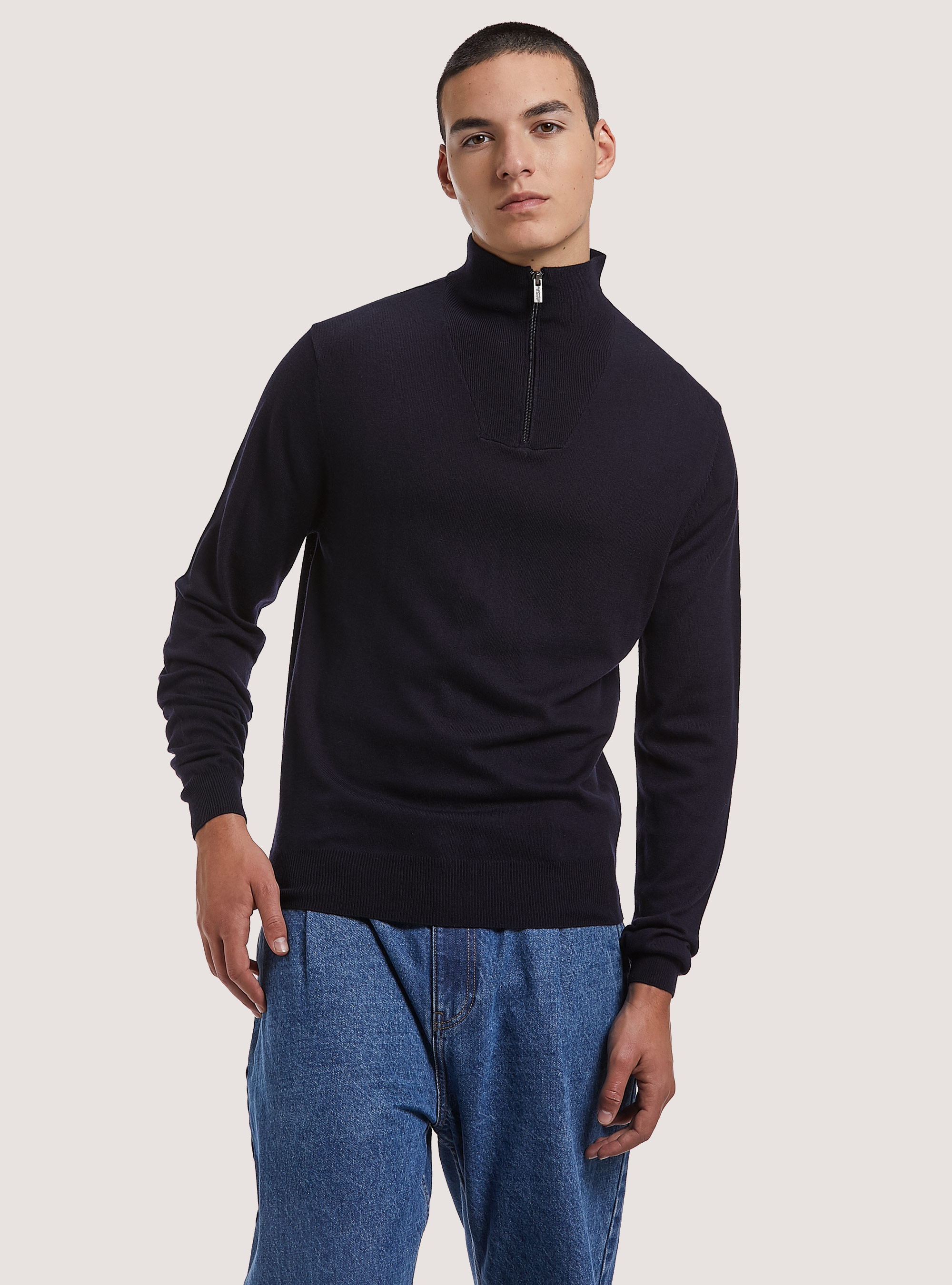 Pullover mit Reibverschluss aus Merinowolle und halbem Halsausschnitt, NA1 NAVY DARK