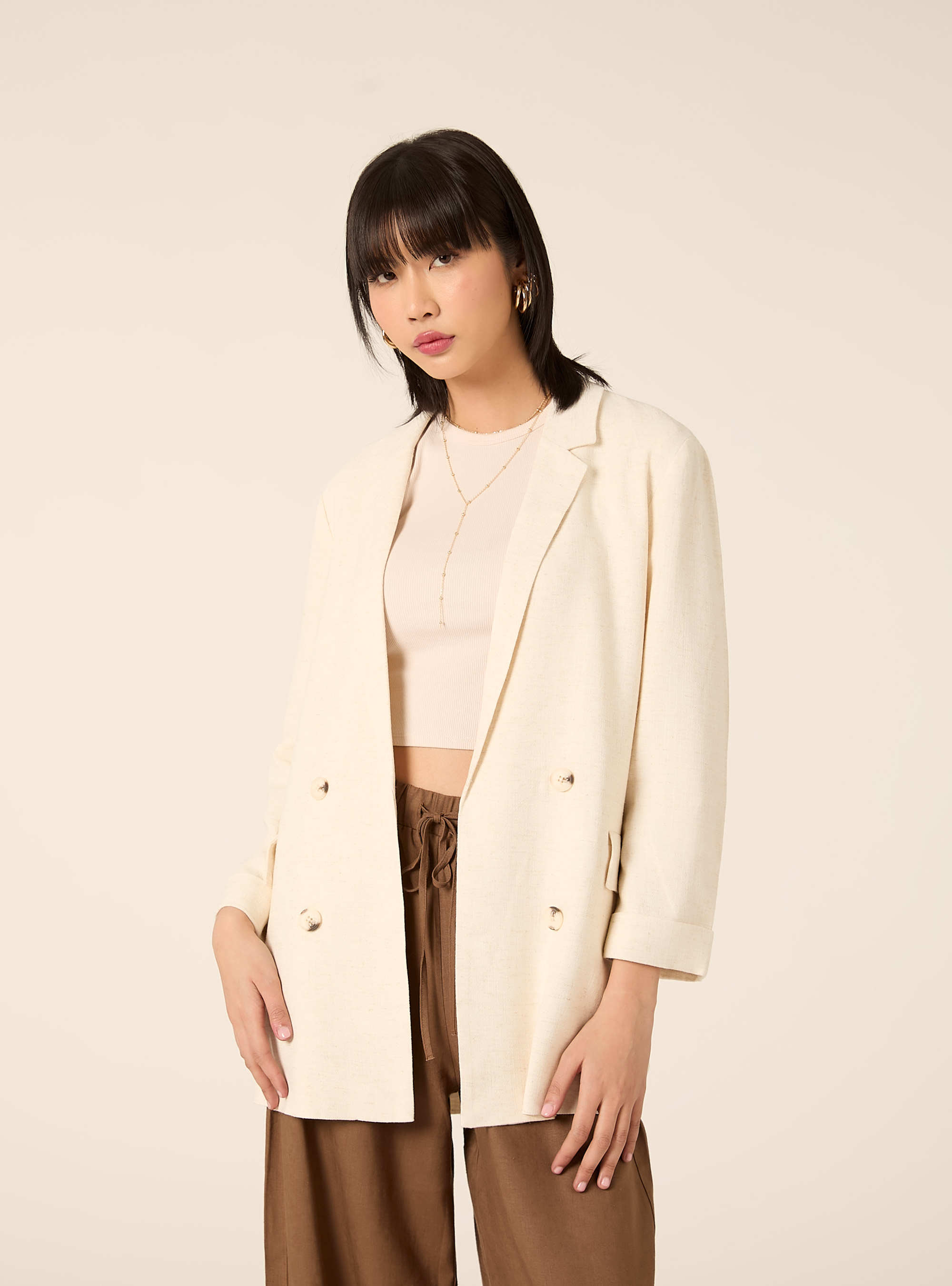 Blazer doppiopetto in misto lino, MBG3 BEIGE MEL LIGHT