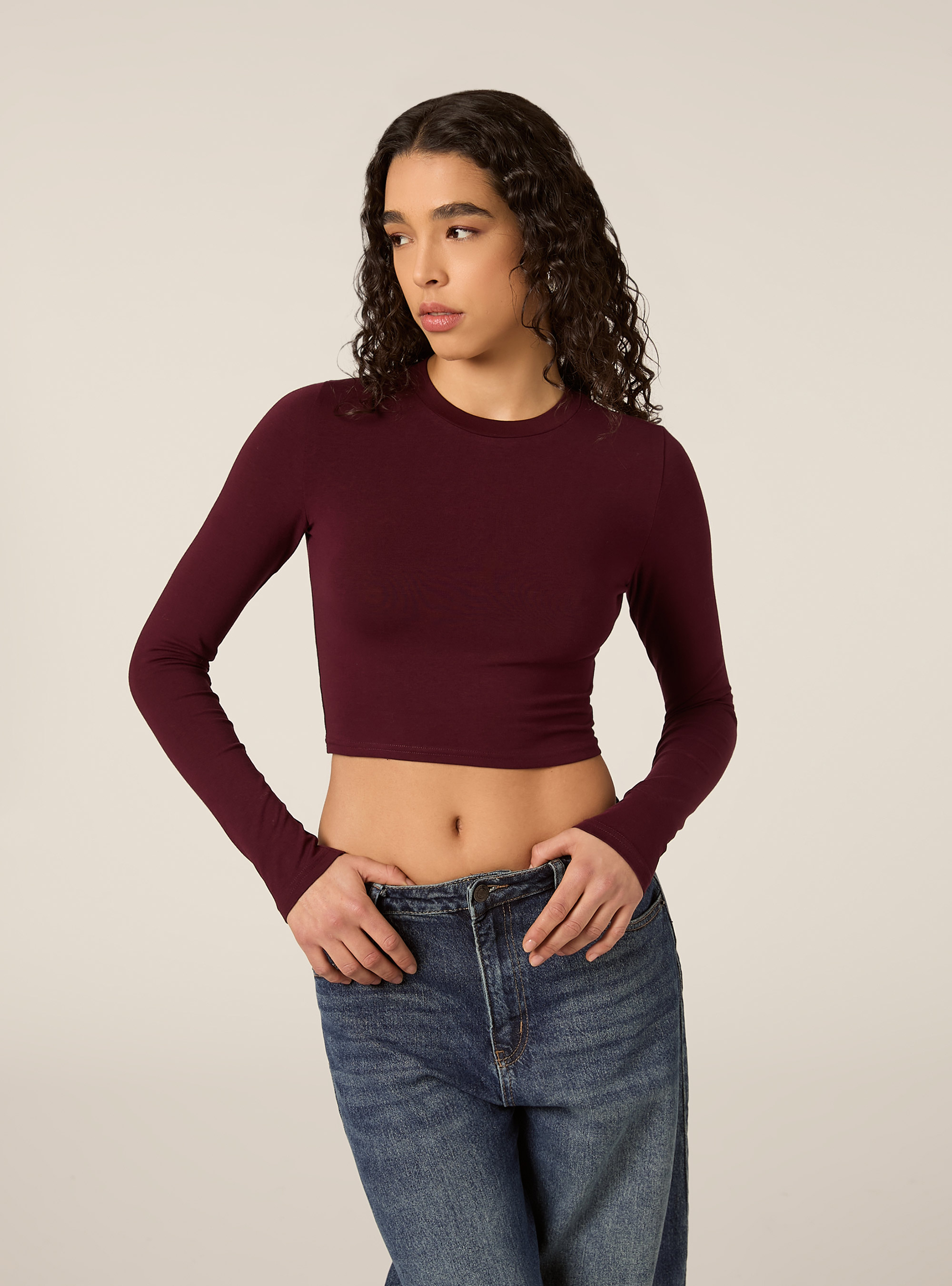 Maglietta cropped a maniche lunghe, BO1 BORDEAUX DARK