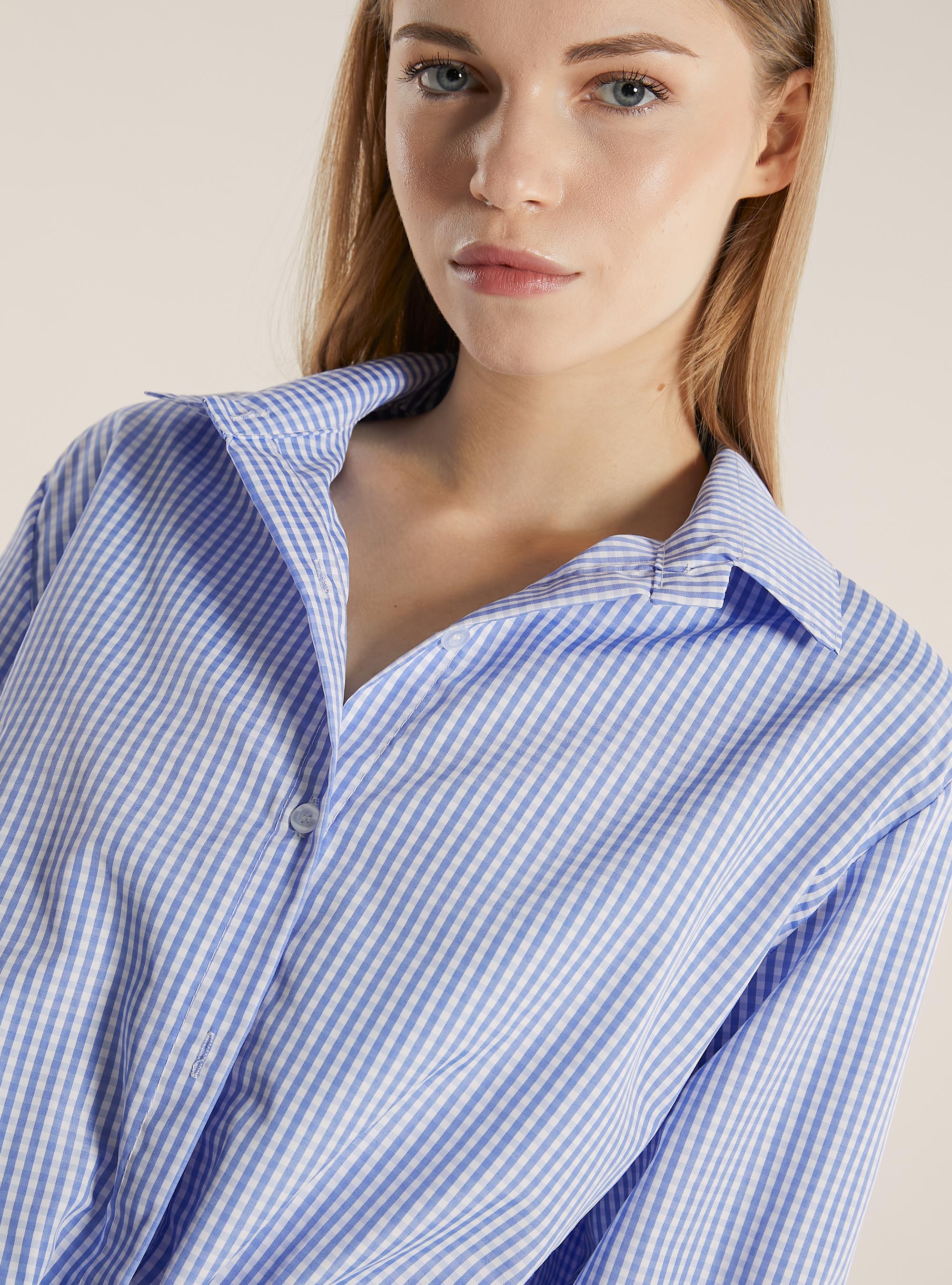 Chemise cropped en popeline ray&eacute;e, BL1 BLUE DARK
