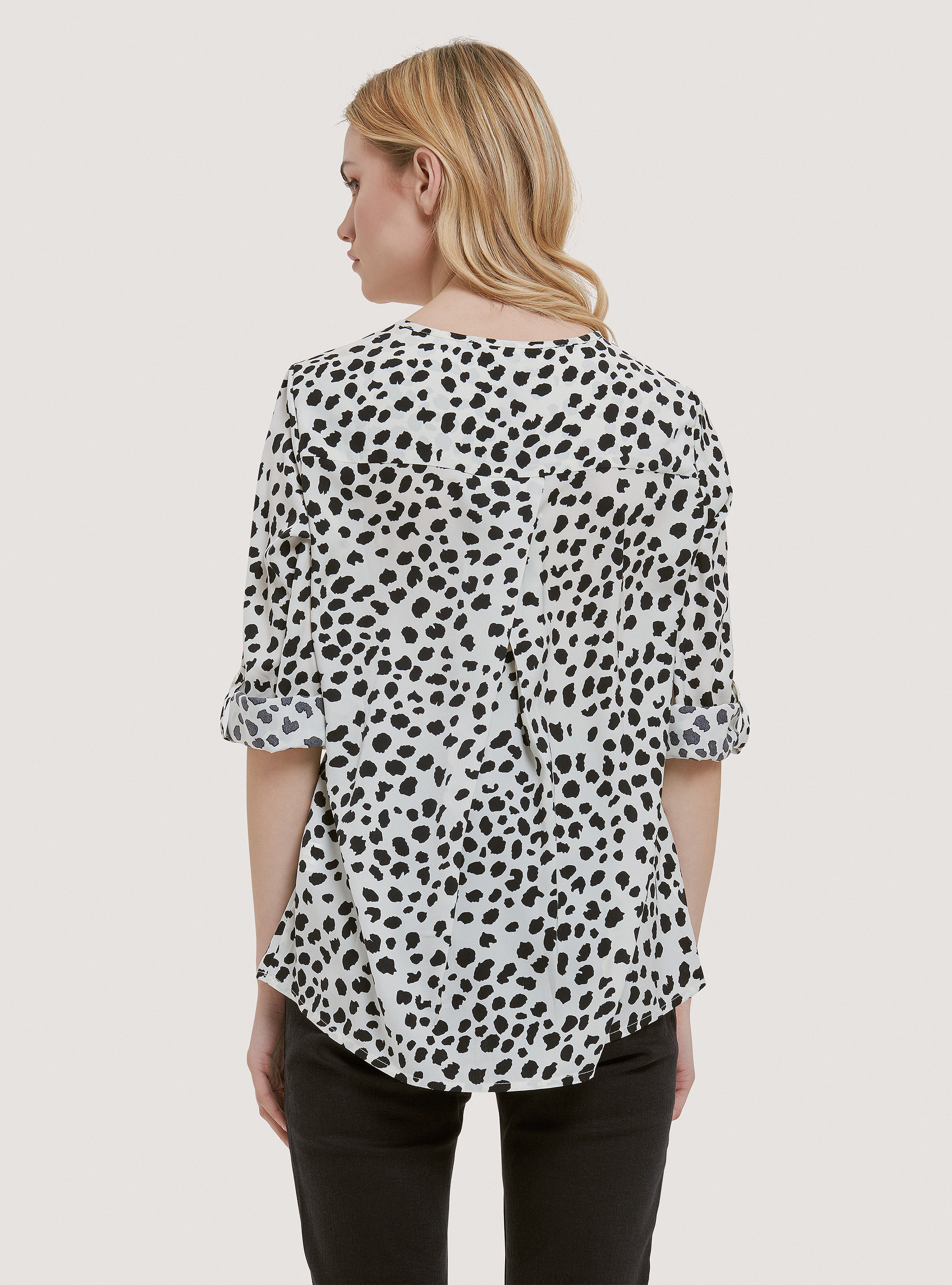 Satin blouse with neckline, BLACK