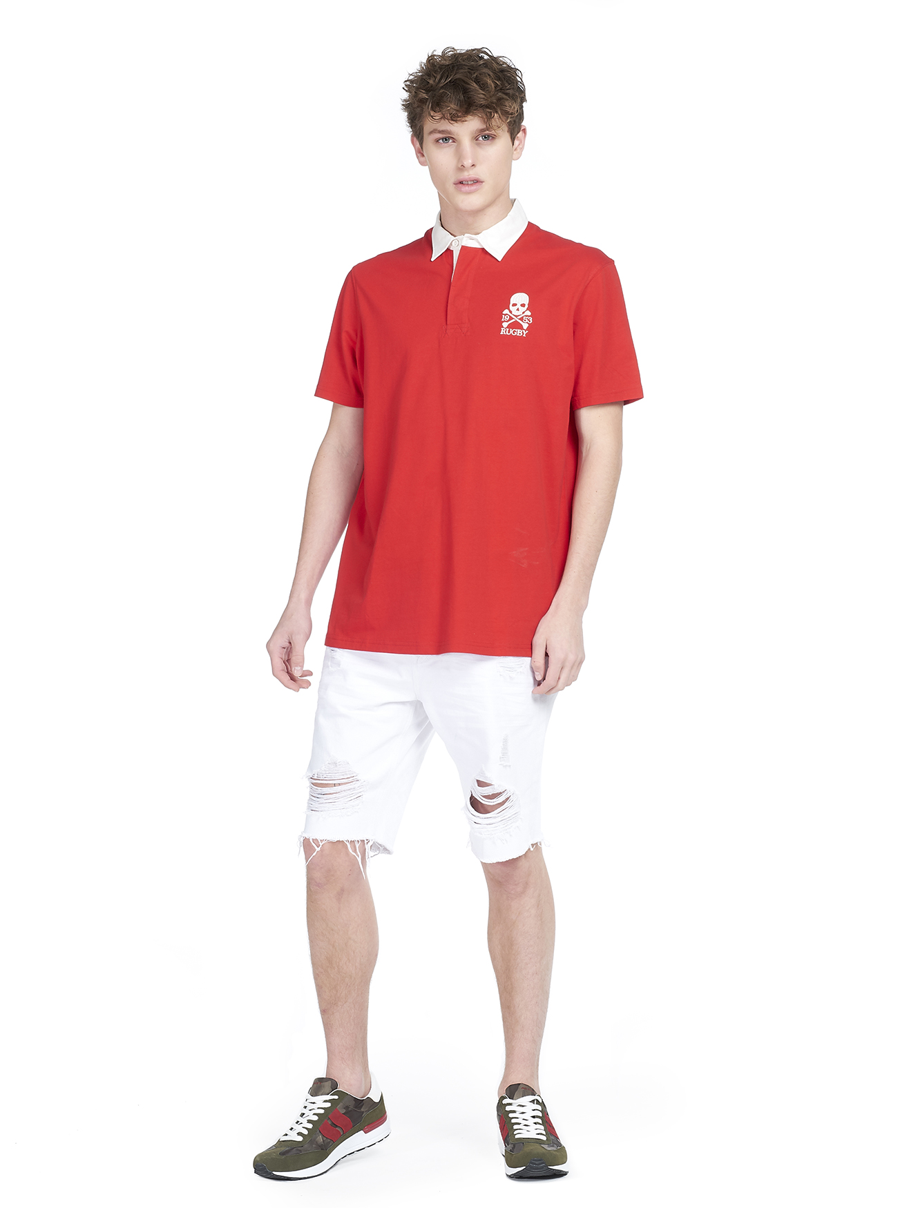 Polo con ricamo e colletto a contrasto, ROSSO