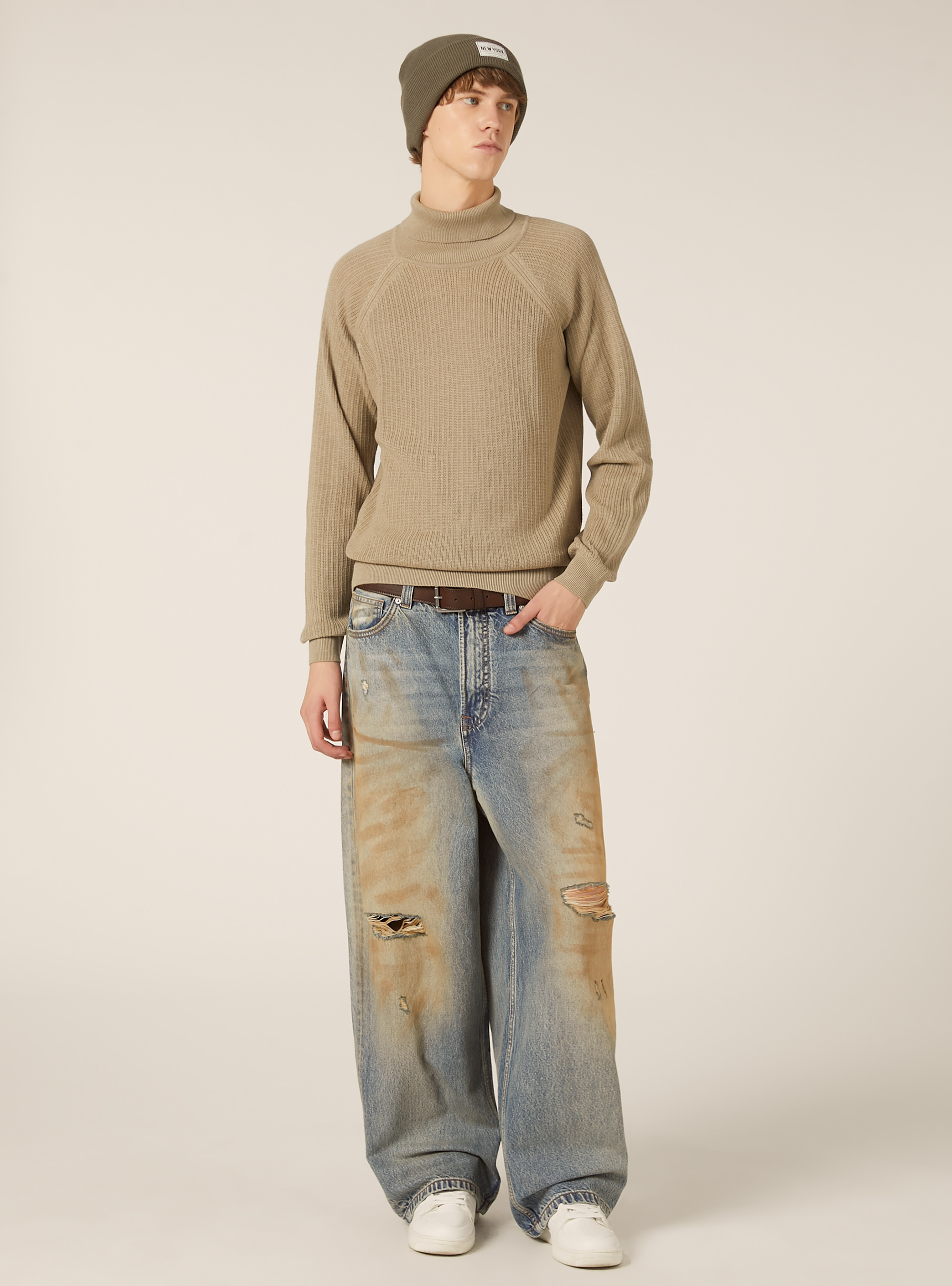 Maglia a collo alto in misto cotone a coste, BG2 BEIGE MEDIUM