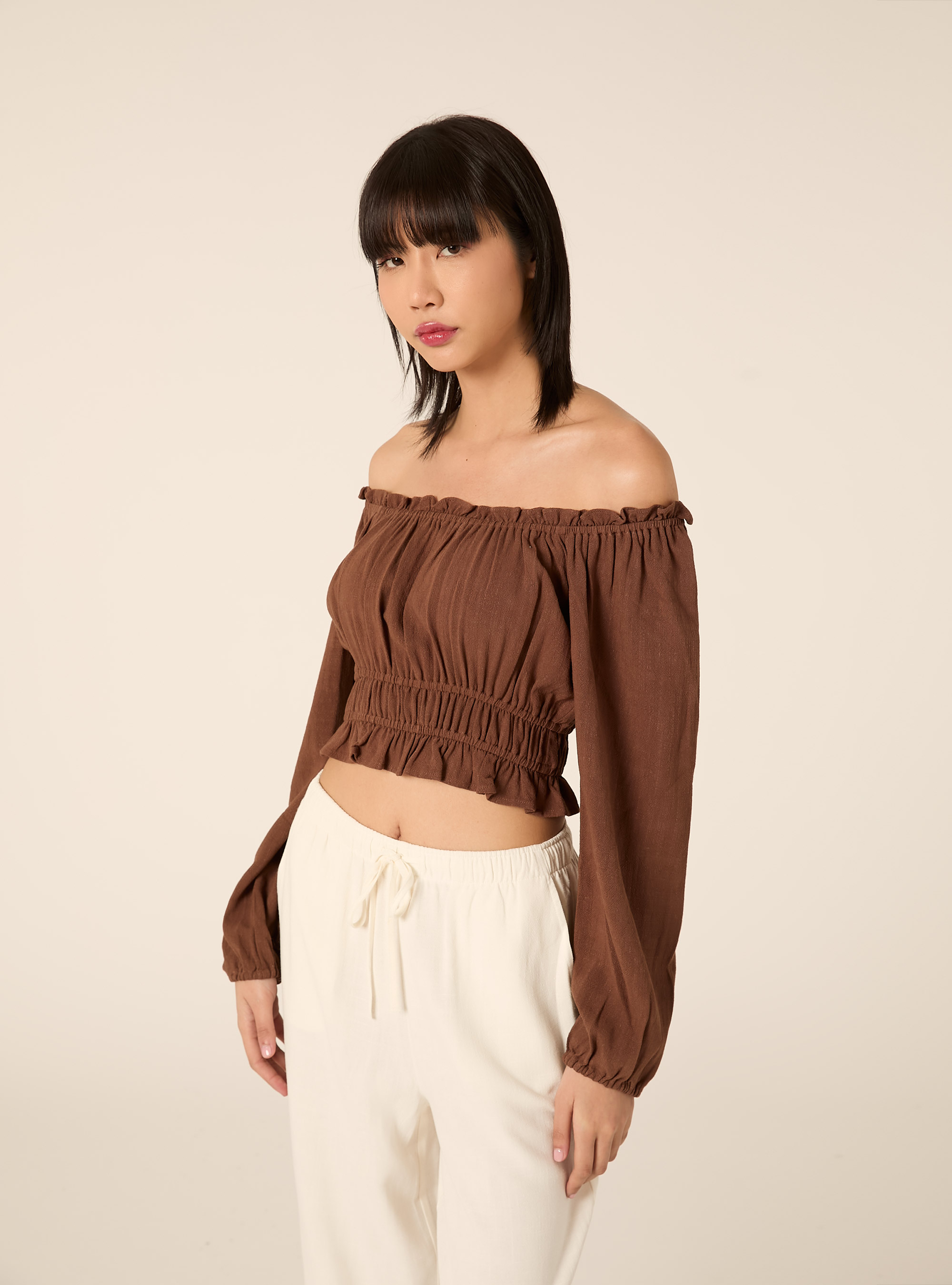 Blusa con spalle scoperte in misto lino, BR2 BROWN MEDIUM