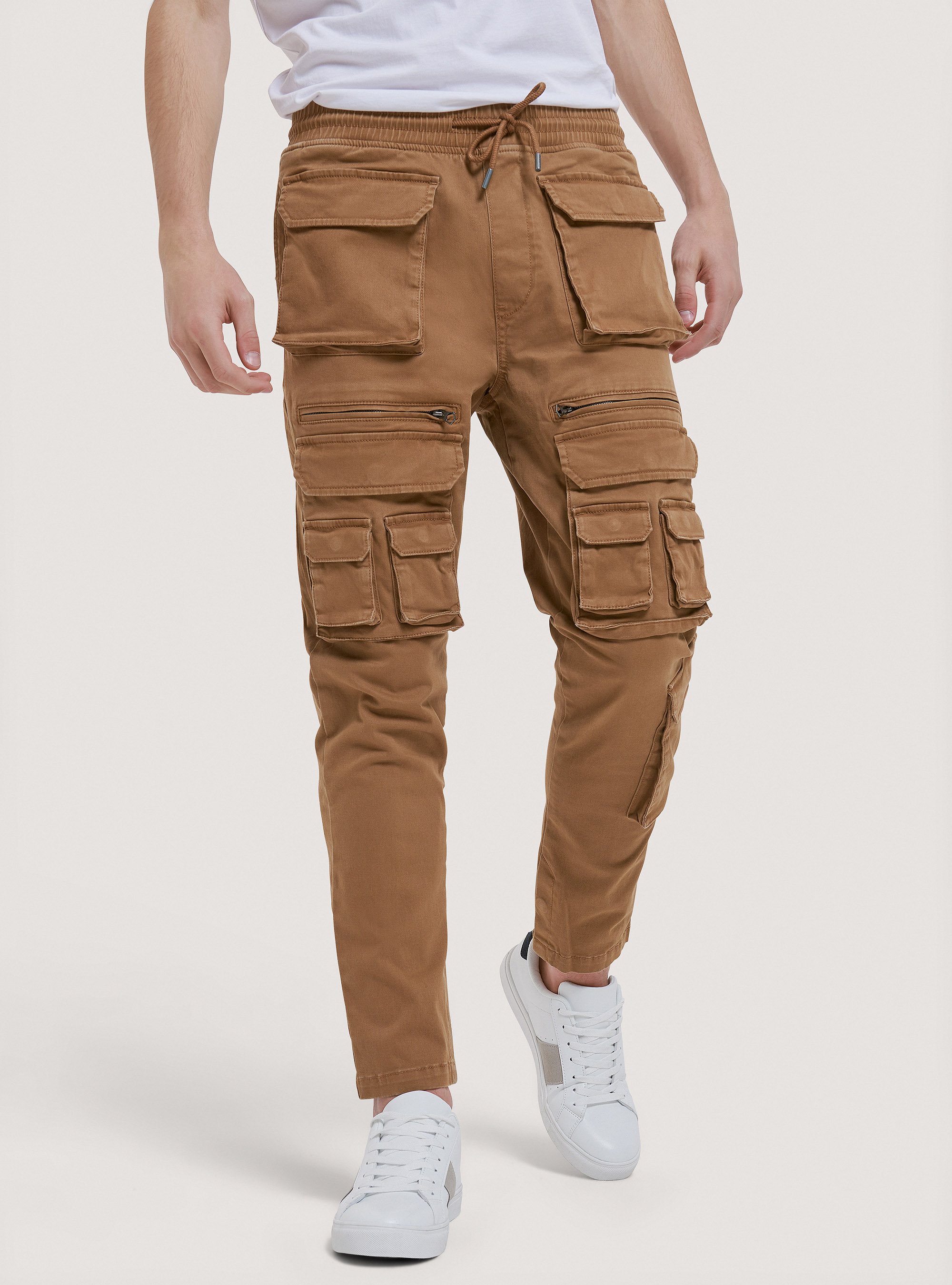 Pantalones con cordón en sarga elástica, C5603 TOBACCO