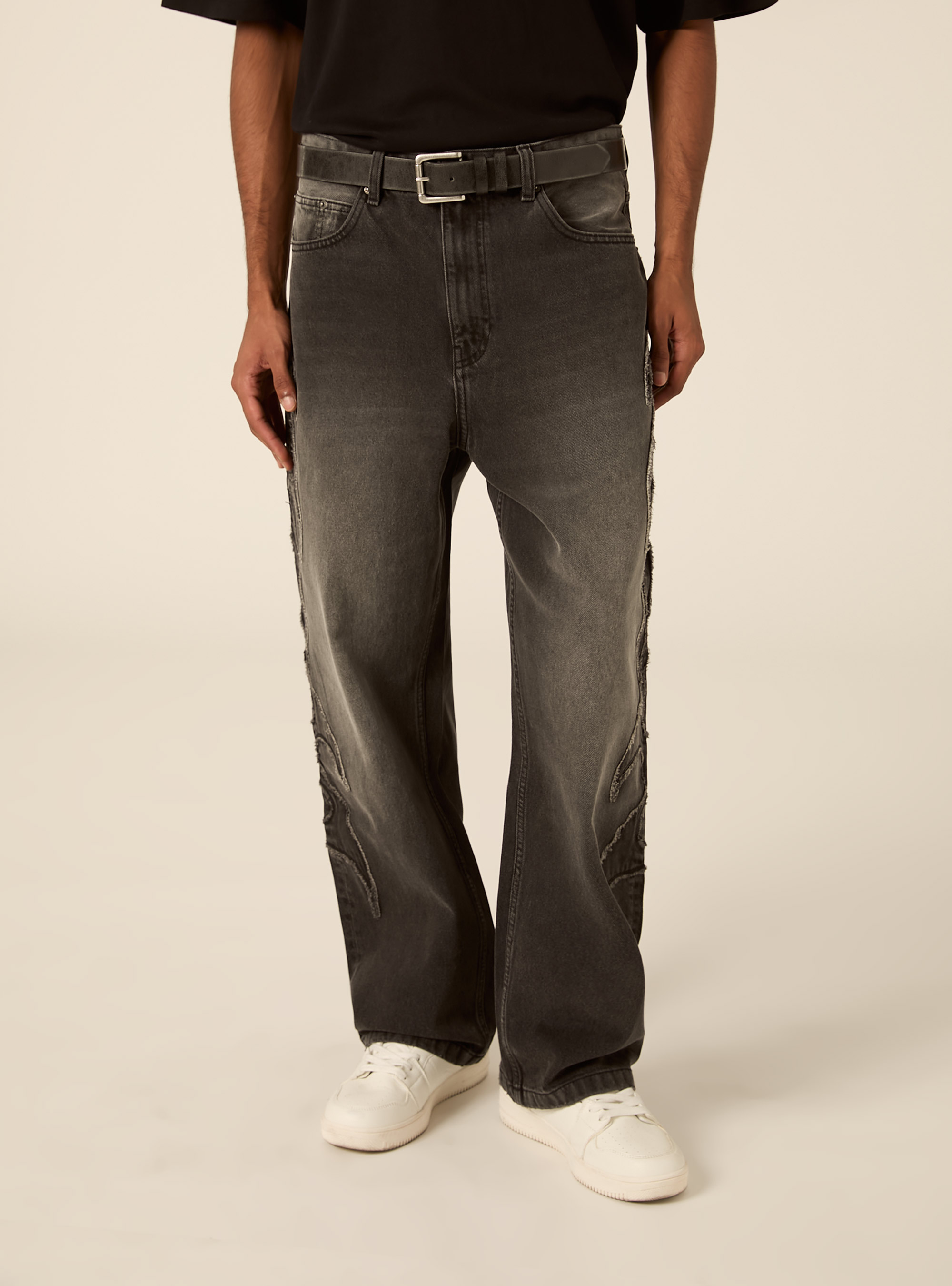 Baggy fit jeans mit flammen detail, D000 BLACK