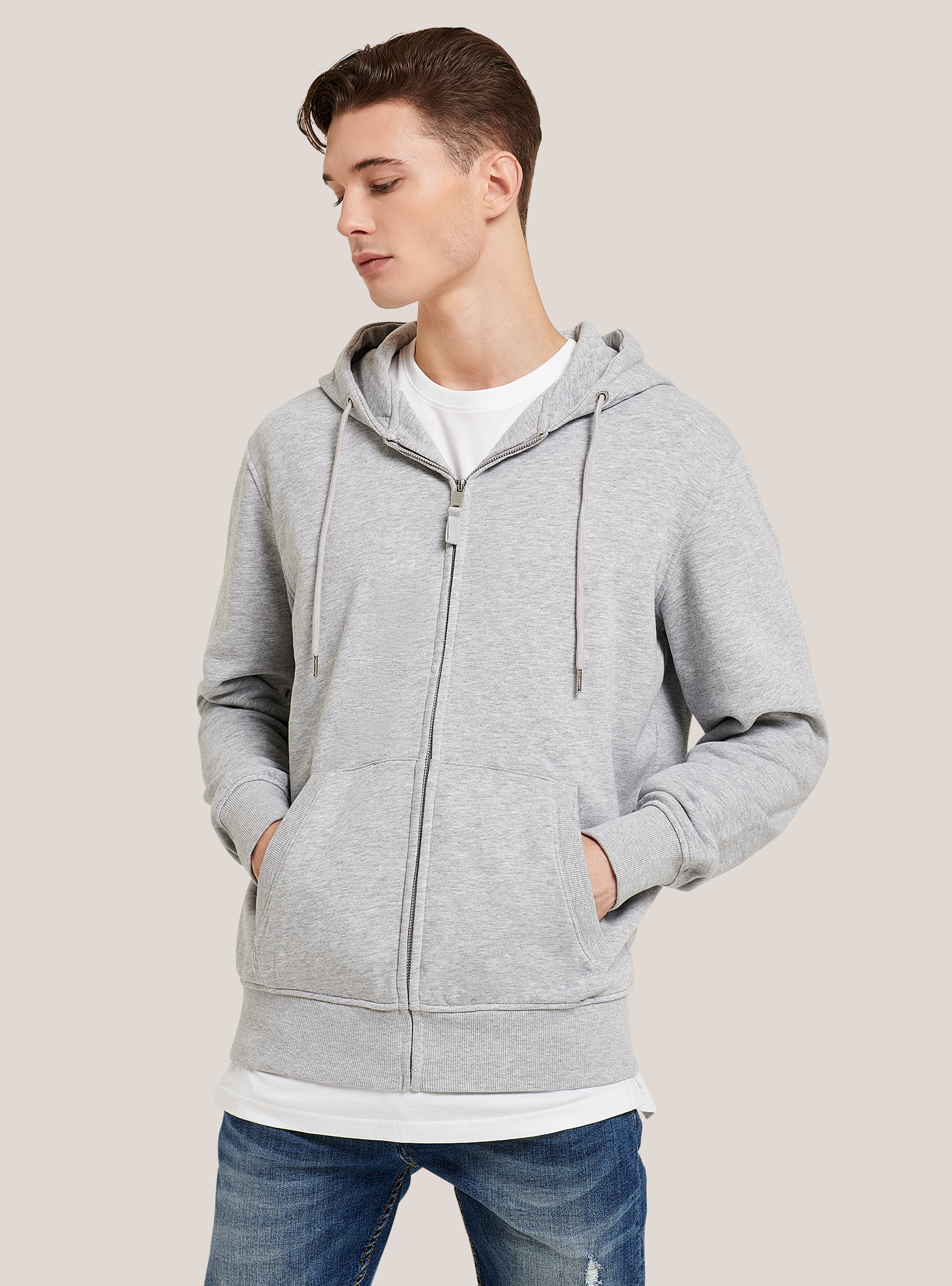 Felpa con zip e cappuccio in cotone, GRIGIO CHIARO MELANGE