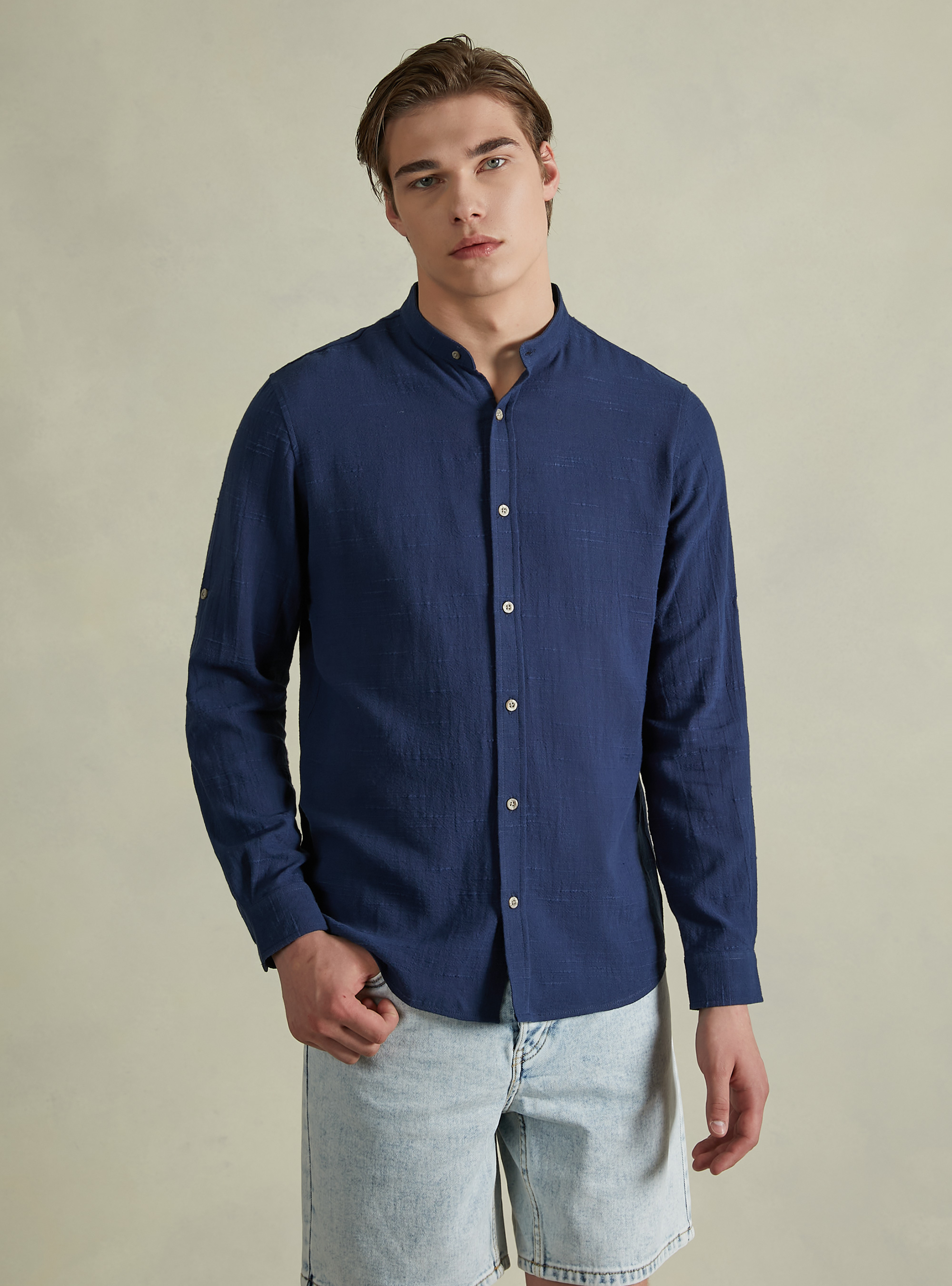 Linen blend shirt with Korean collar, NA1 NAVY DARK
