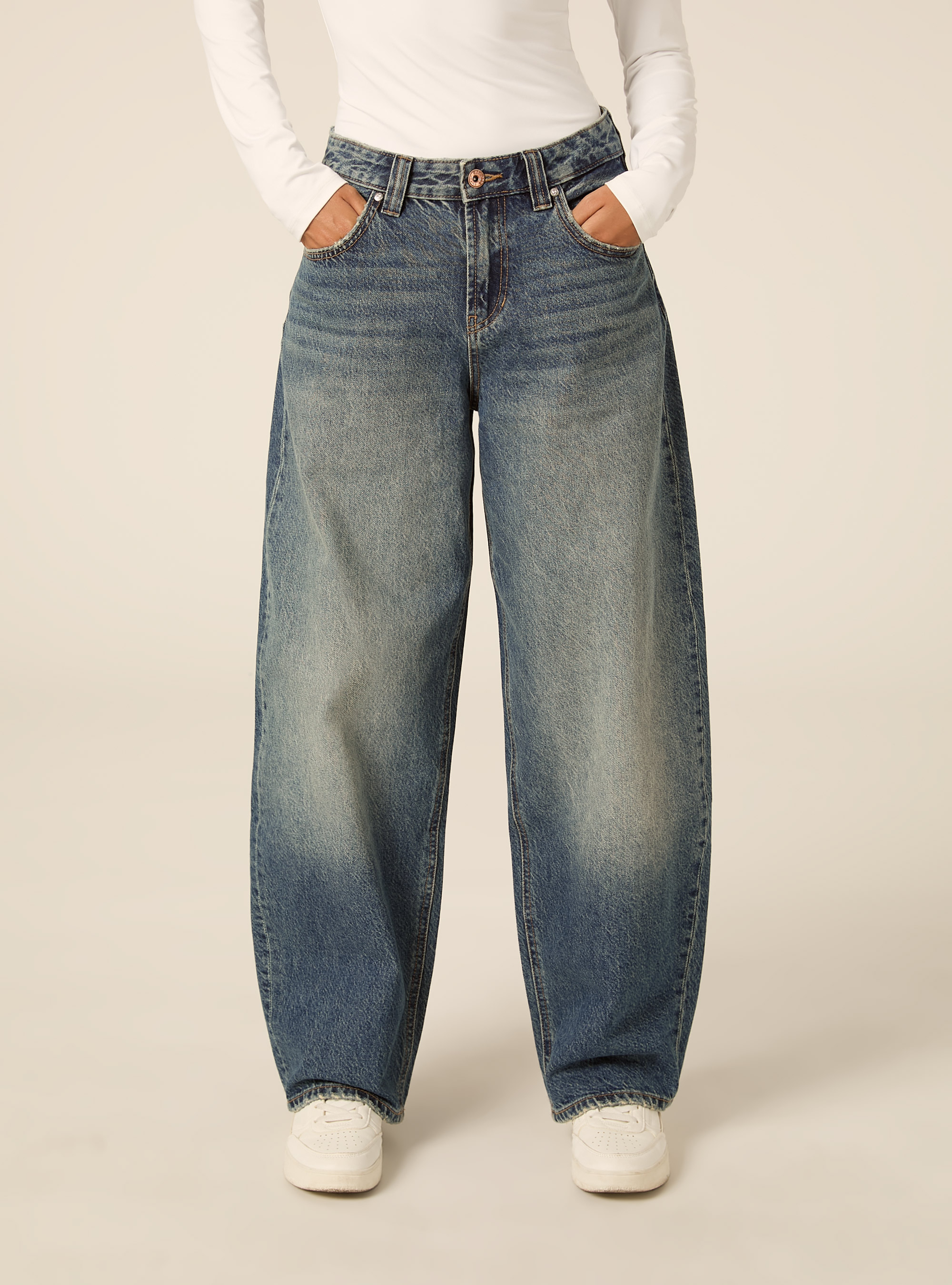 Jean coupe barrel taille haute, D101 BLUE MED OVERDYE