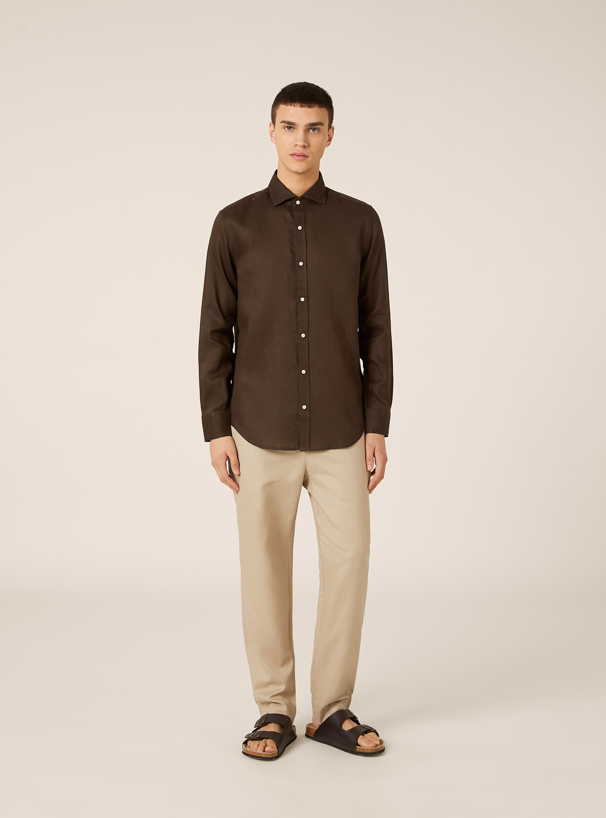 Camicia basica in lino, BR2 BROWN MEDIUM