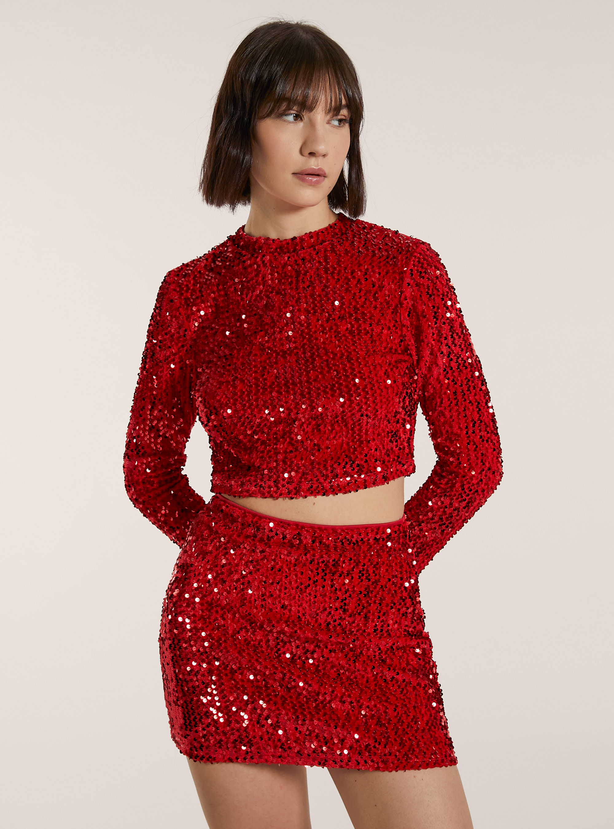 Maglia maniche lunghe in paillettes, RD2 RED MEDIUM