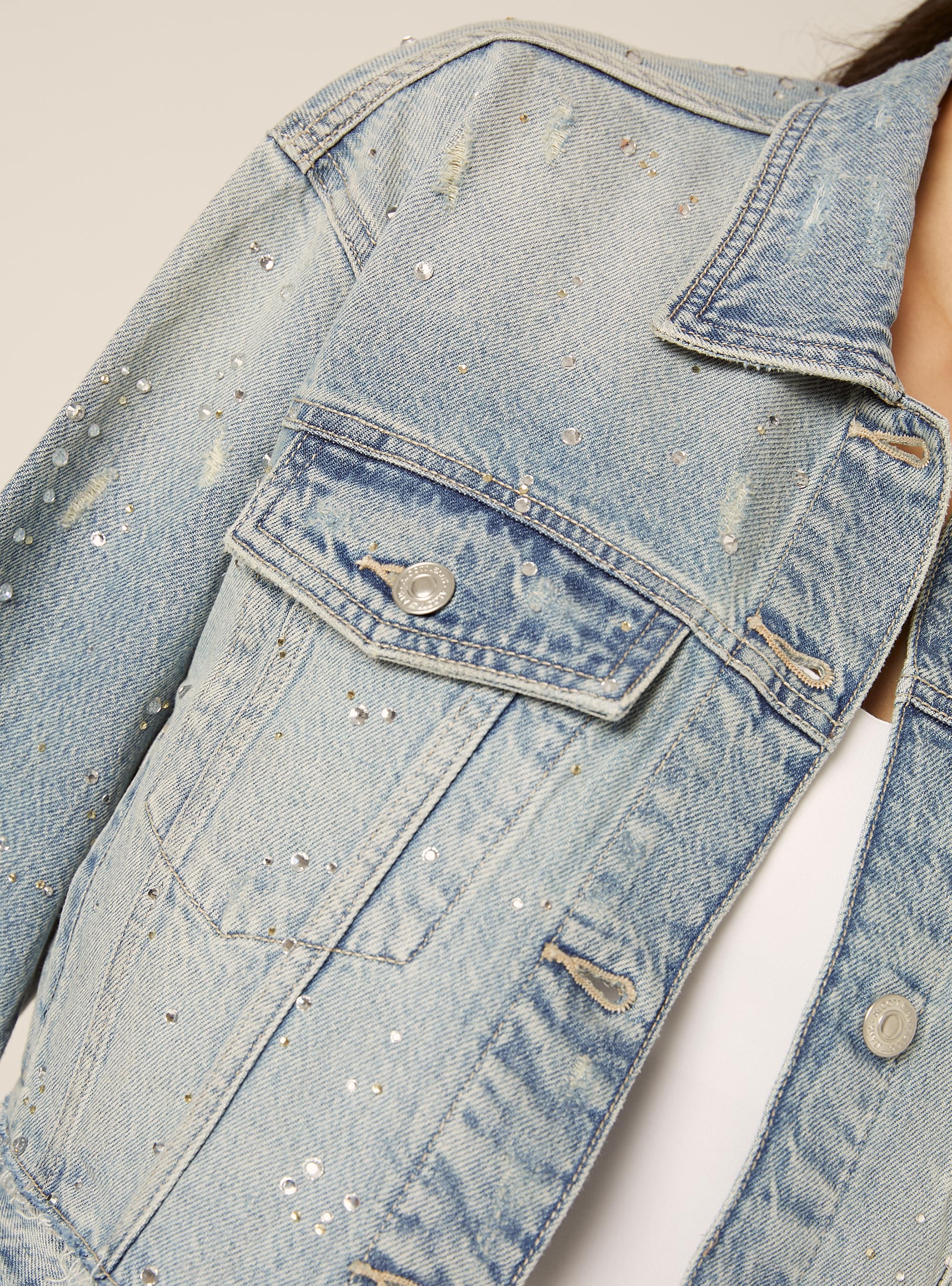 Giubbotto crop in denim con strass, D006 AZURE