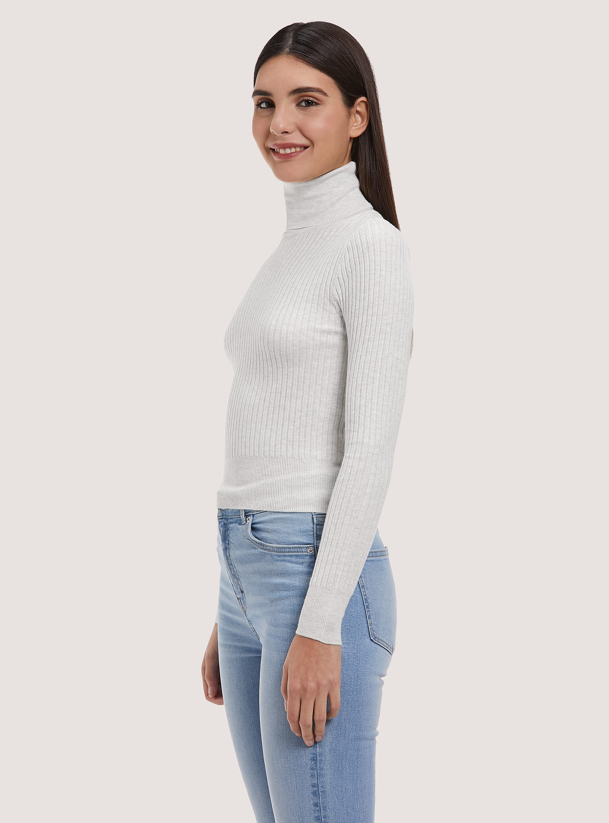 Pullover cropped a collo alto a coste, MGY3 GREY MEL LIGHT
