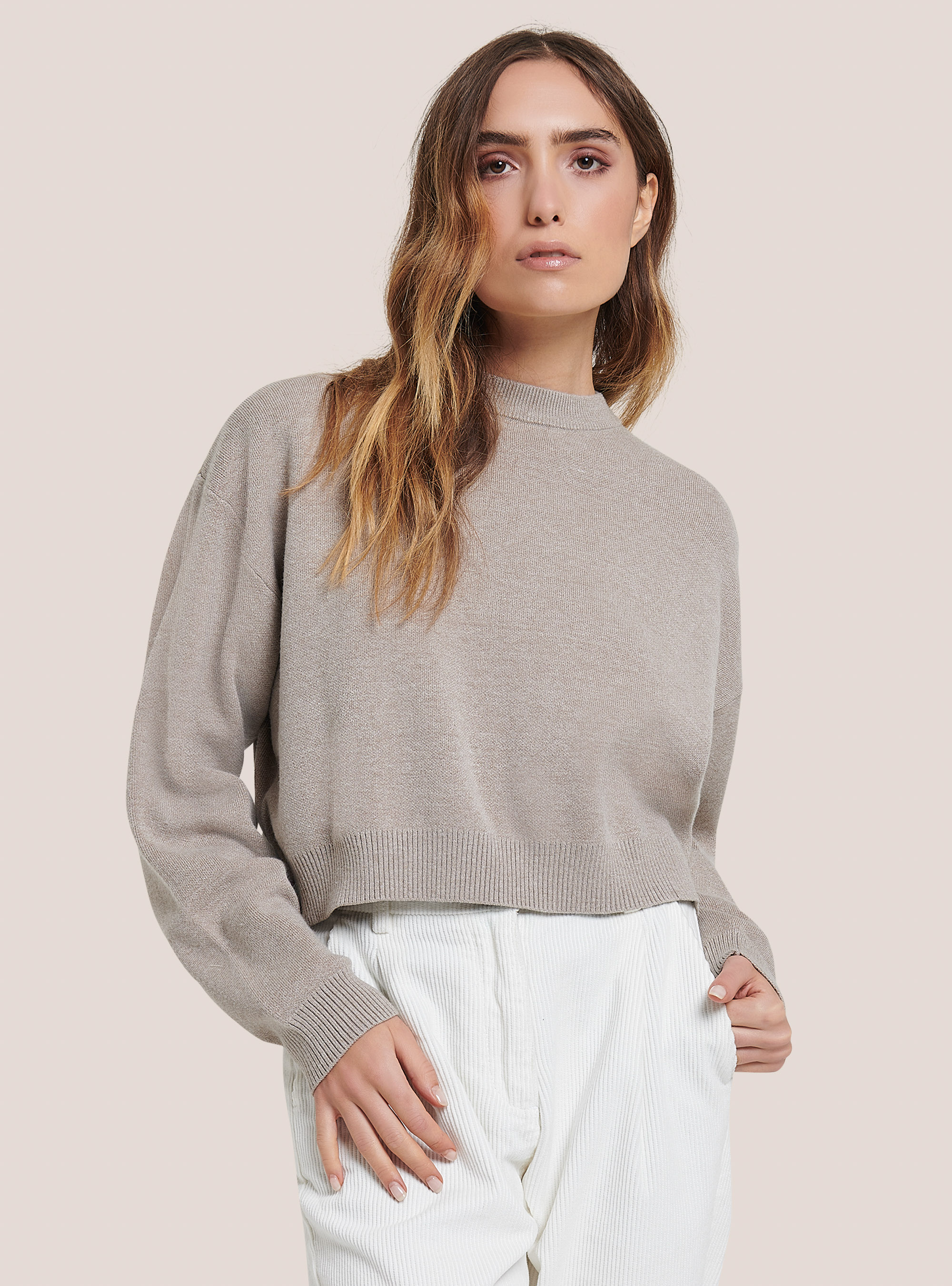 Plain colour cropped pullover, C4513 BEIGE