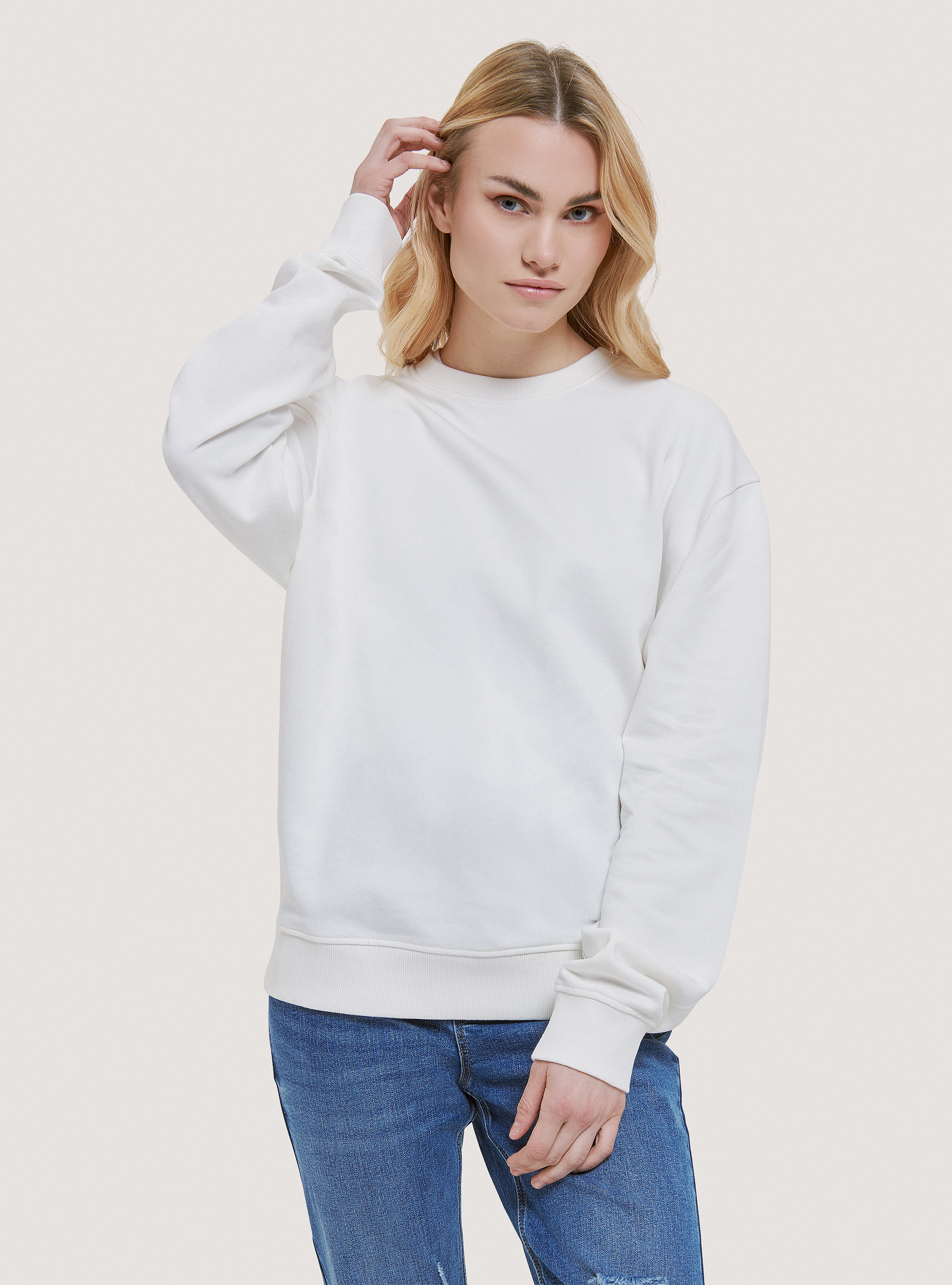 Basic round-neck cotton sweatshirt, C0020 OFF WHITE