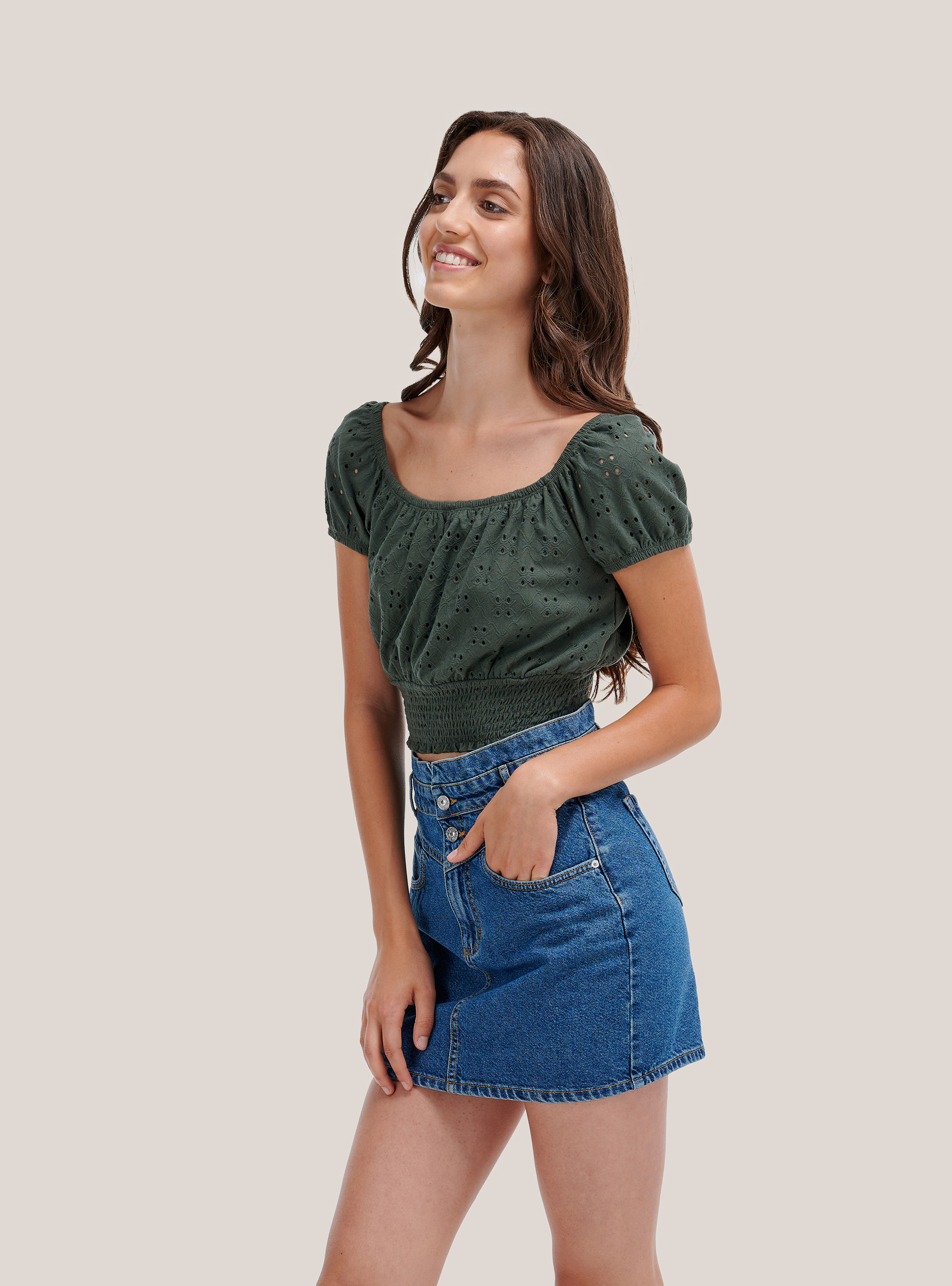 Top in pizzo sangallo con fascia elasticizzata, C5587 KAKY