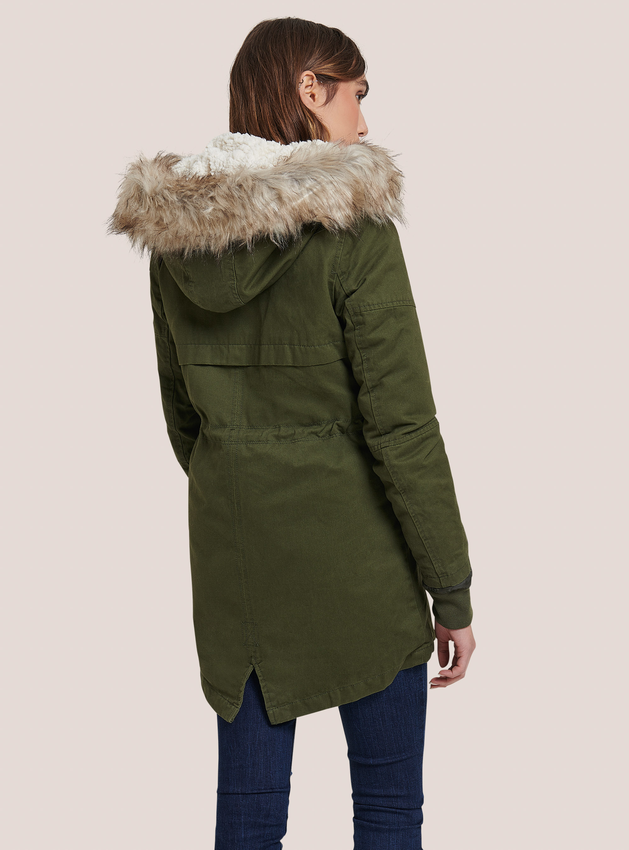 Veste parka avec capuche et doublure en cuir d'agneau, C614 KAKY