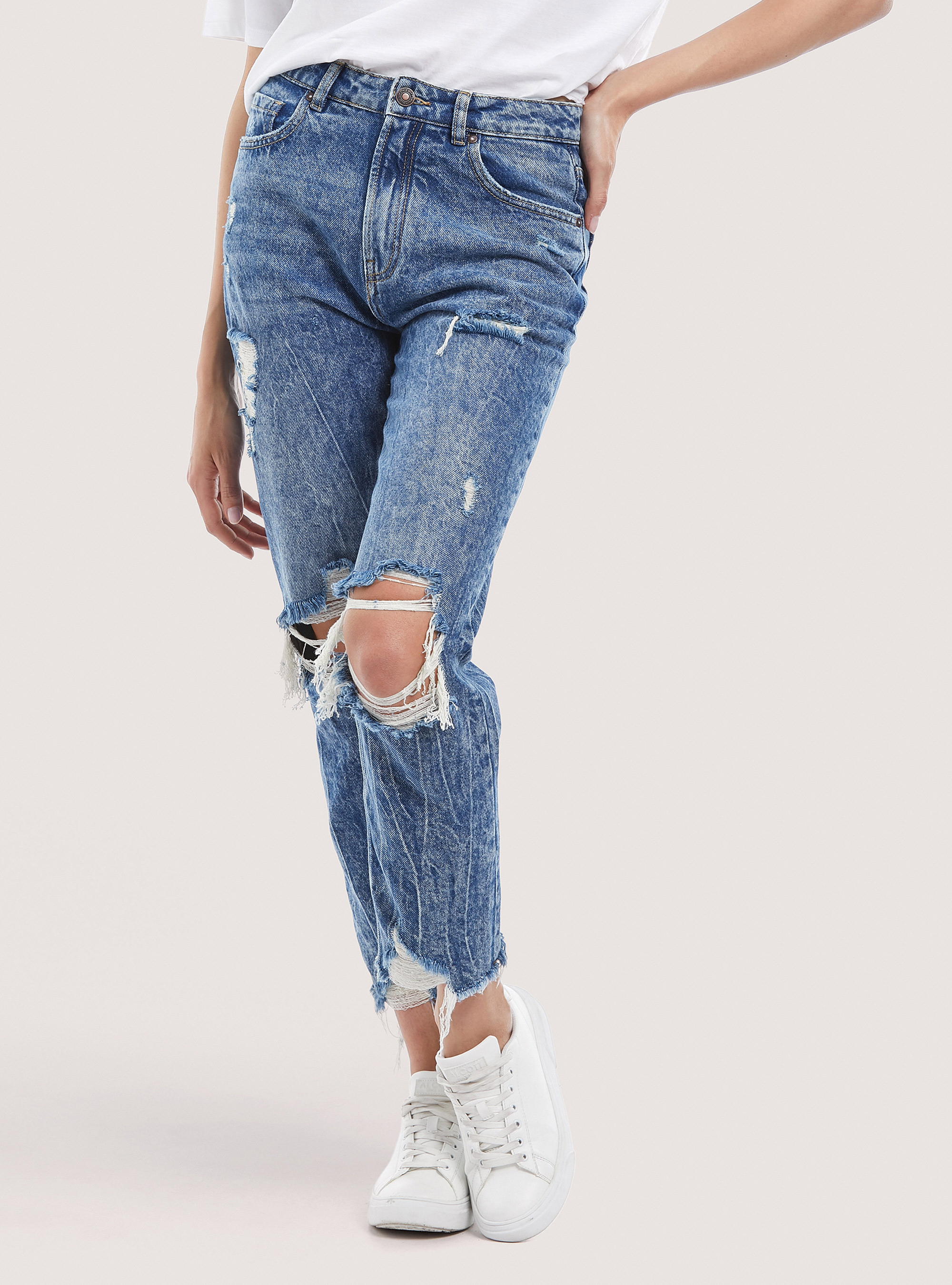 Cotton mom fit jeans, D002 MEDIUM DARK BLUE