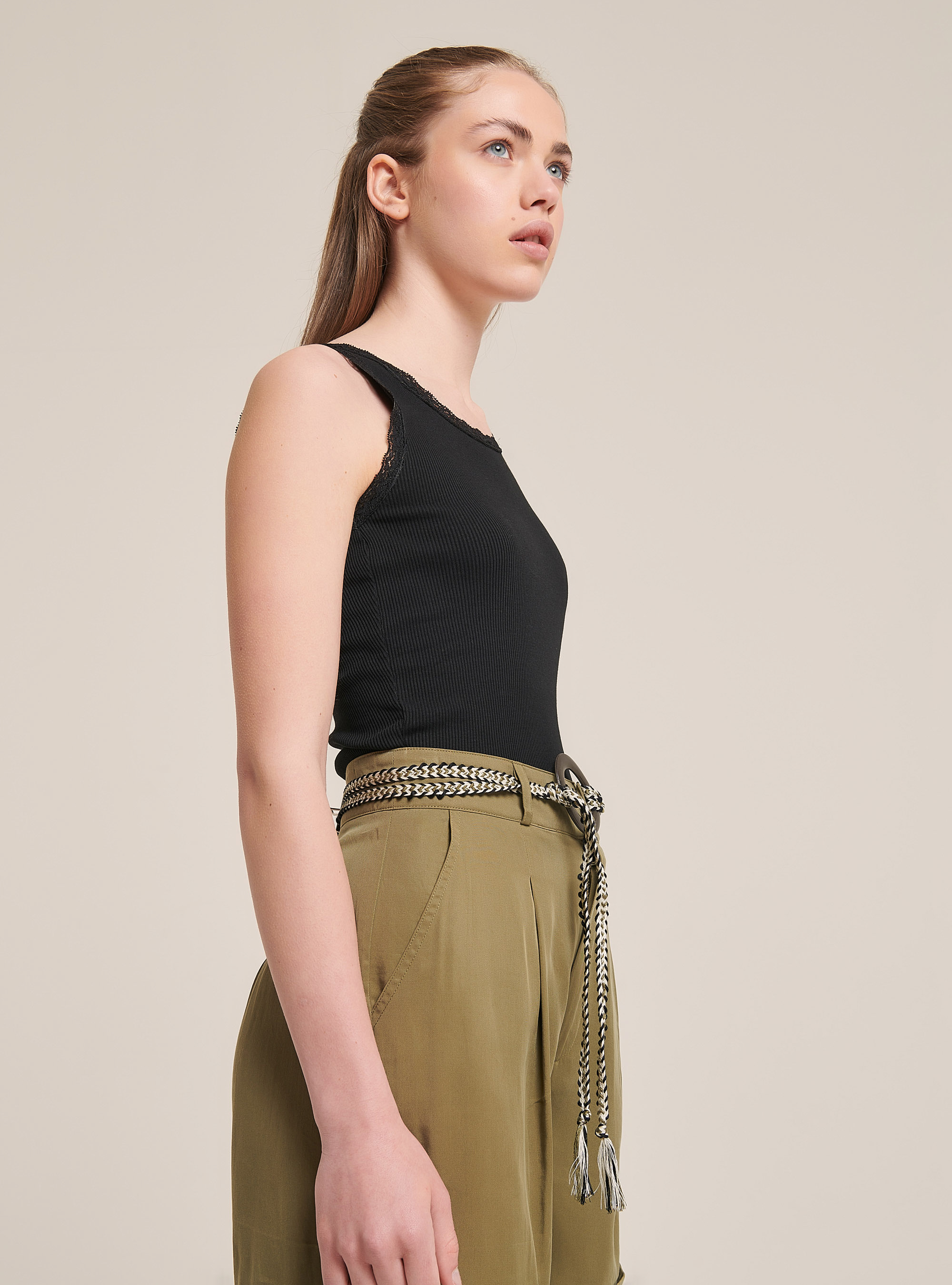 Basic cotton tank top with lace trim, BLACK