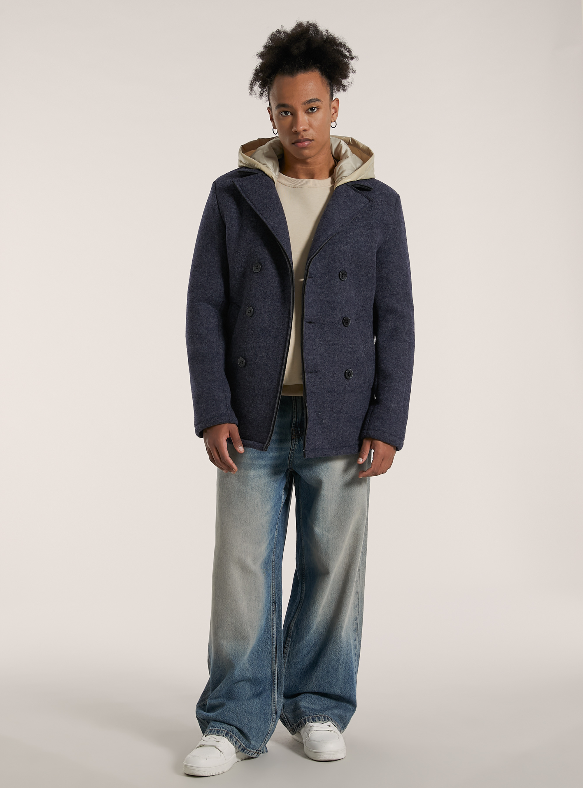 Cappotto doppiopetto con cappuccio trapuntato, NA1 NAVY DARK