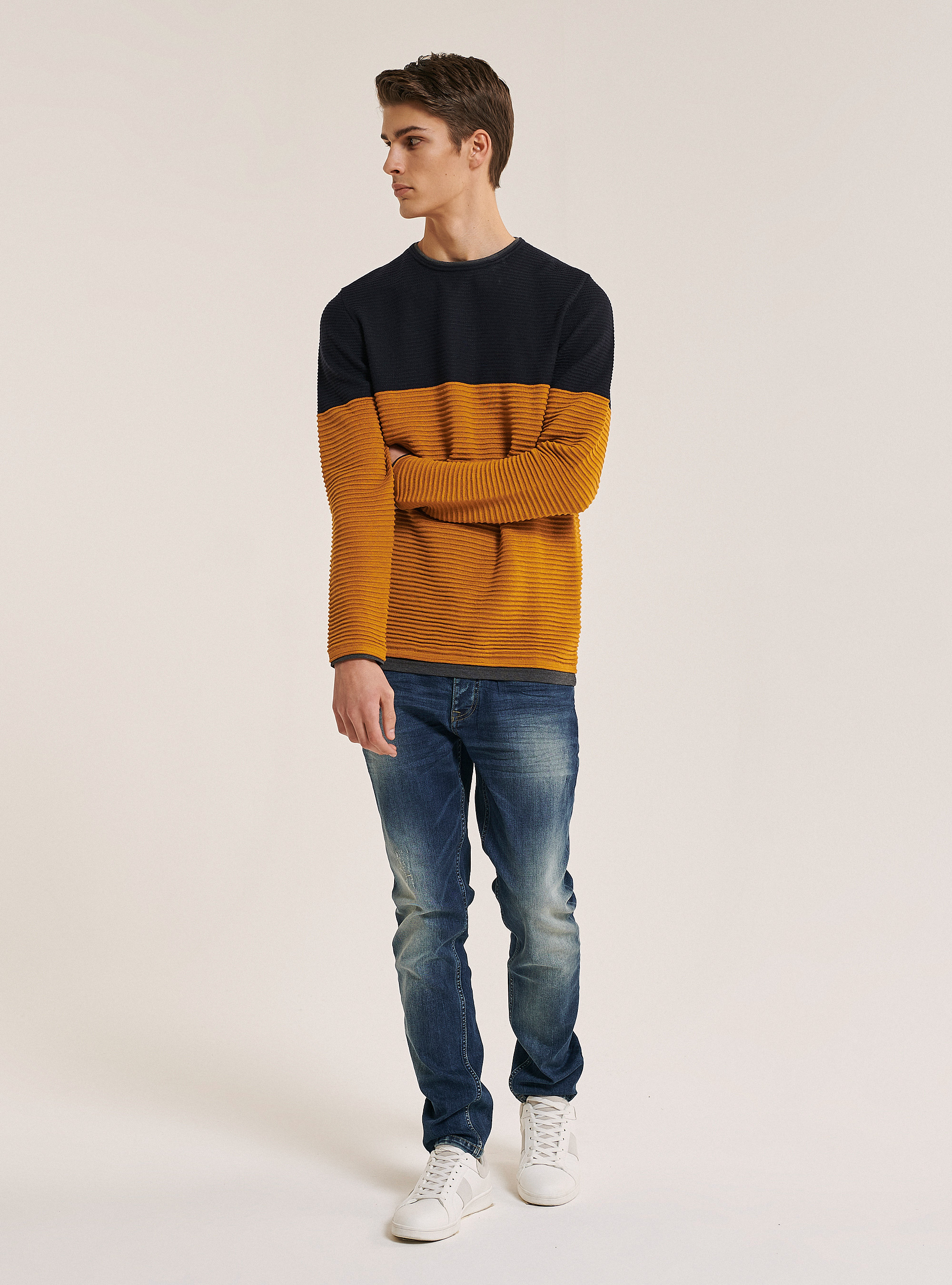 Rolling neck pullover with t-shirt details, BLUE NAVY