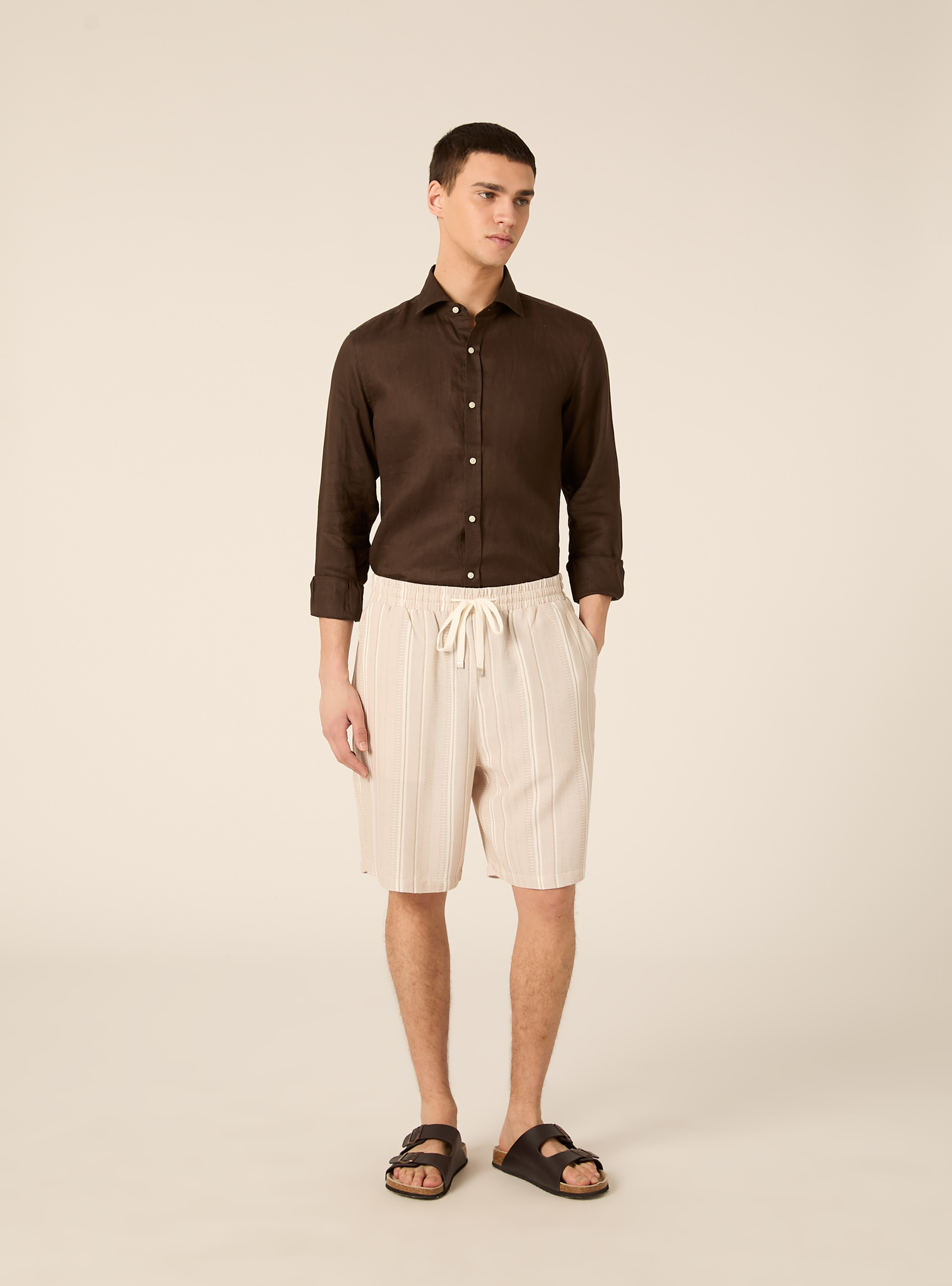 Bermuda in misto lino testurizzato, CR3 CREAM LIGHT