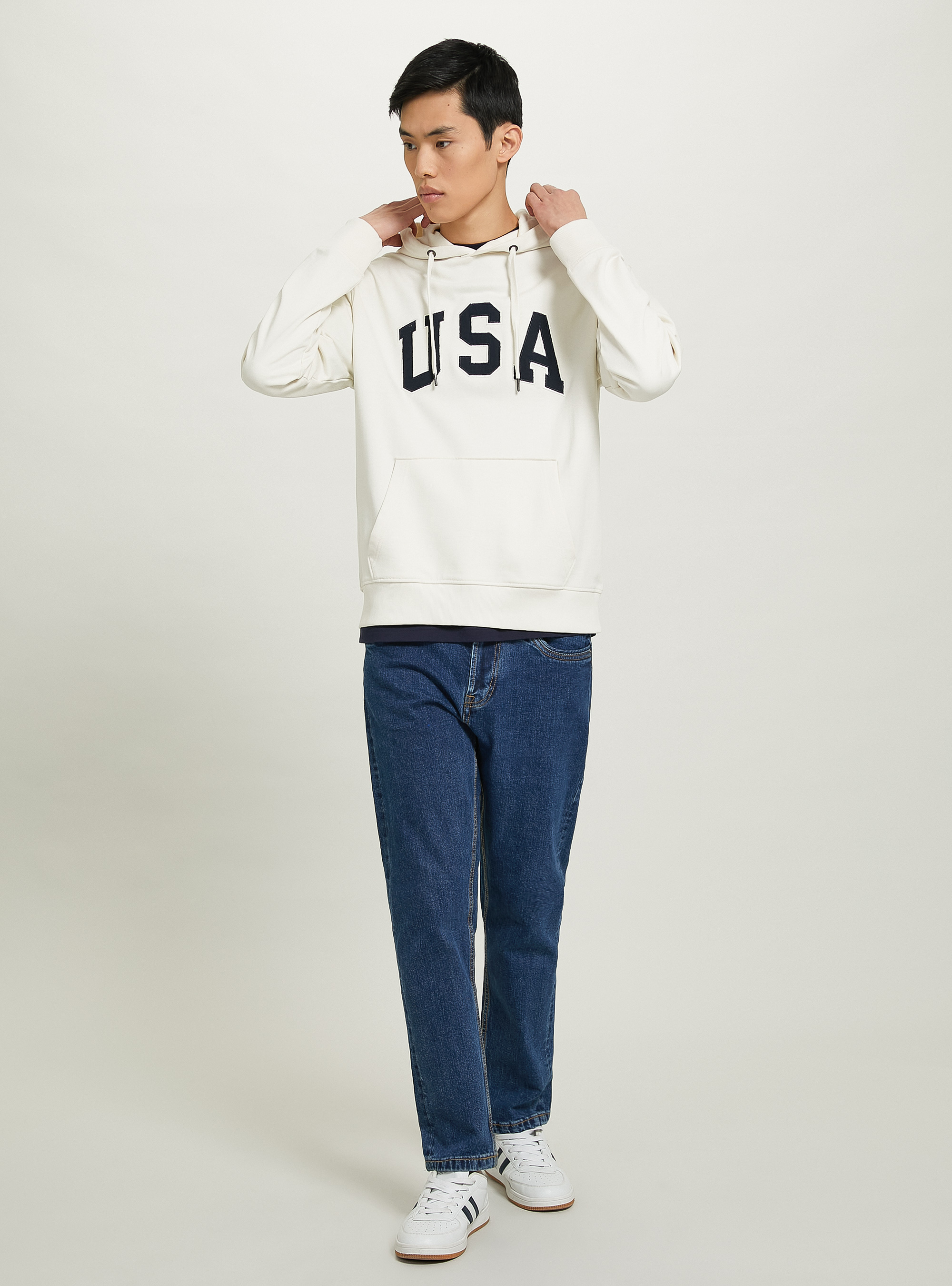 Baumwollsweatshirt mit Kapuze und USA-Aufnäher, C104 CREAM