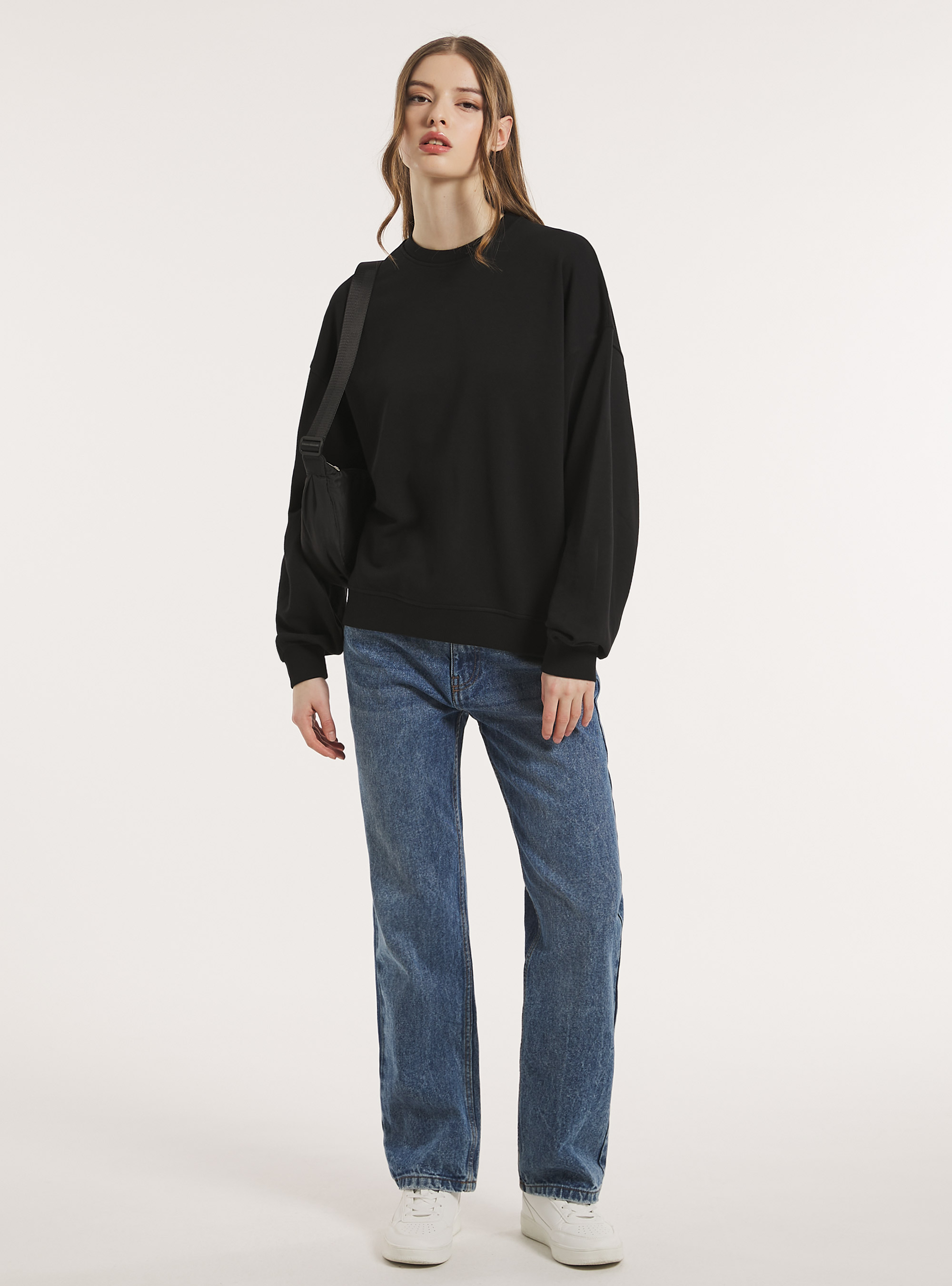 Plain cotton crew-neck sweatshirt, BK1 BLACK