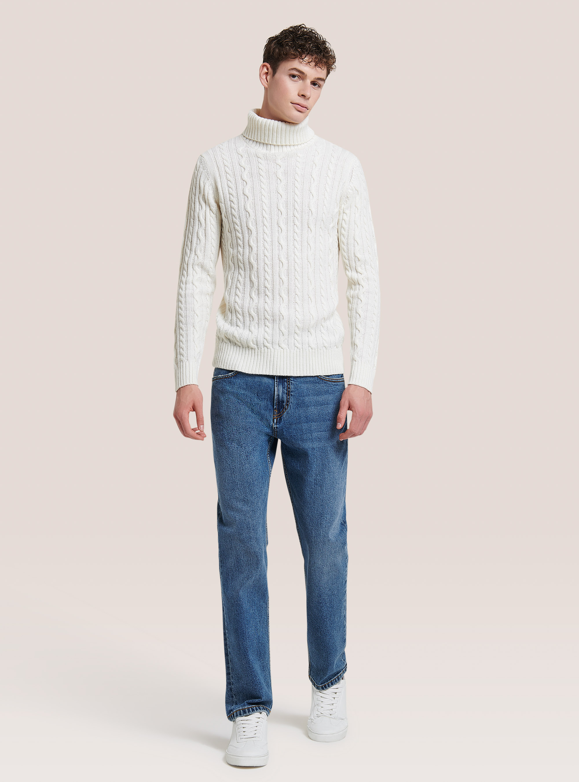 Pullover collo alto con trecce, WH2 WHITE