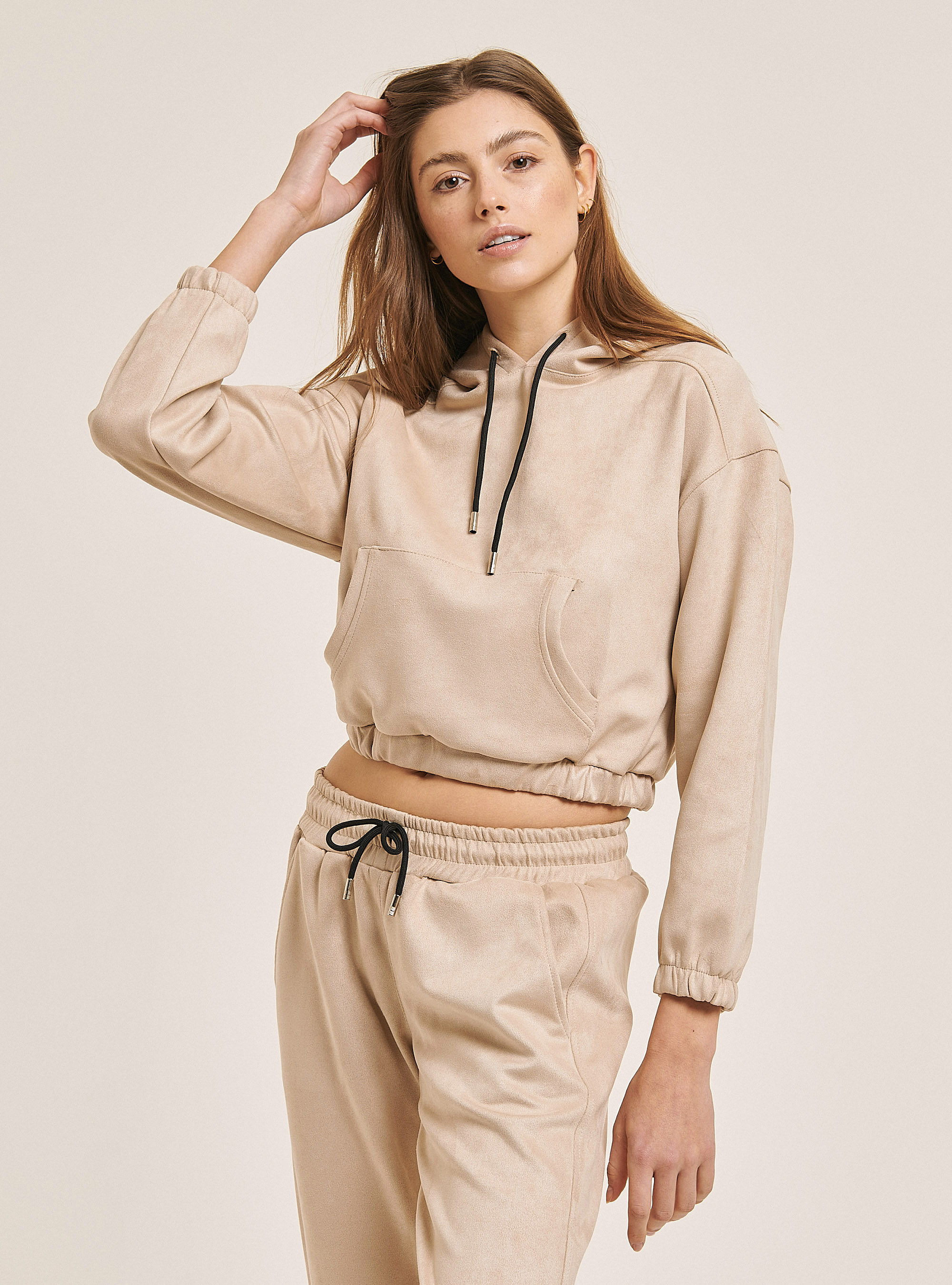 Sweat-shirt crop effet chamois&eacute;, C1150 SAND