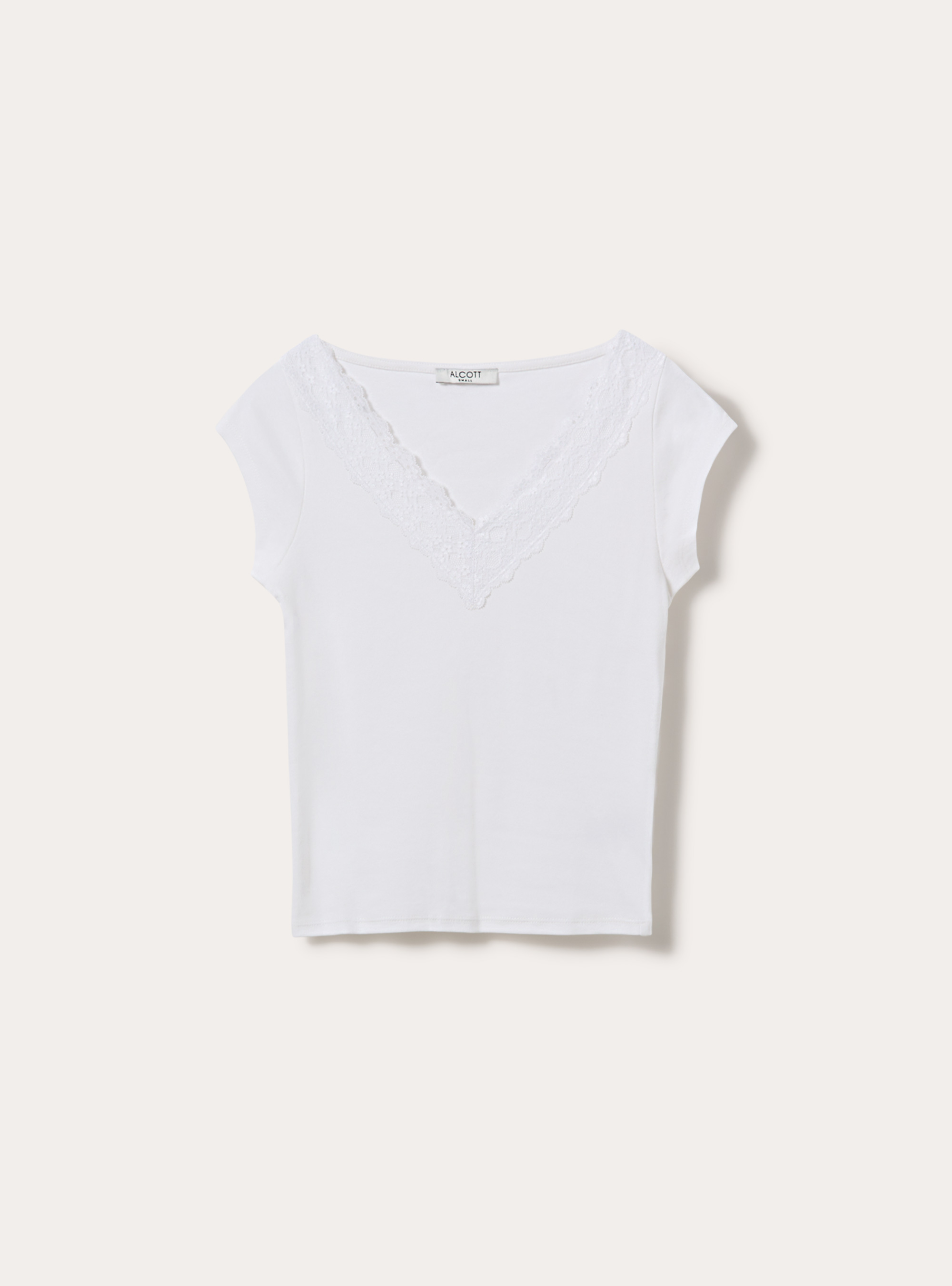 T-shirt con scollo a v in pizzo, WH3 WHITE