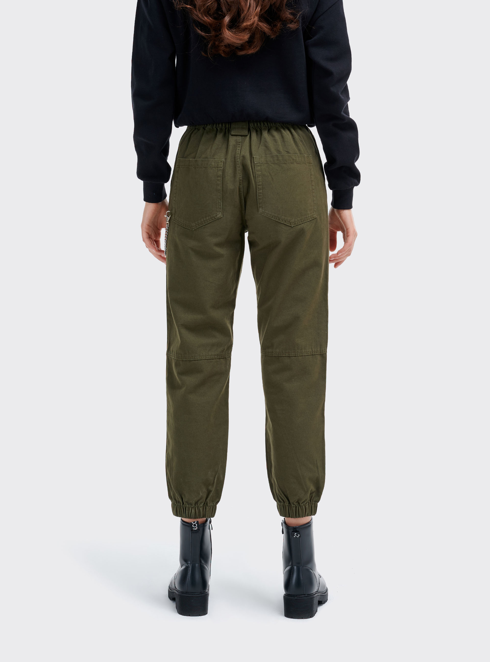 Pantaloni utility con catena laterale ed elastico alle caviglie, KAKI