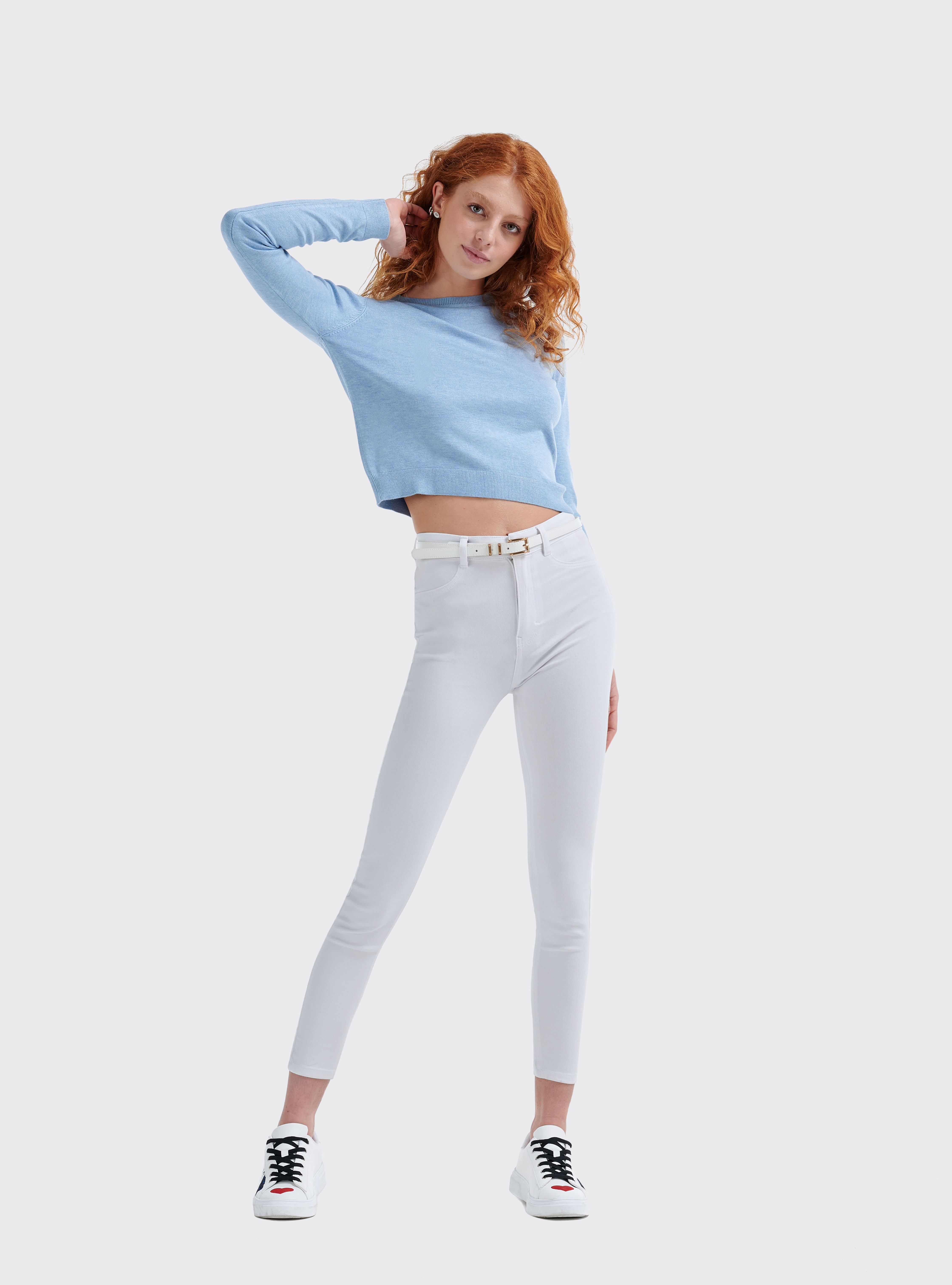 Pullover basic cropped comfort fit, AZZURRO