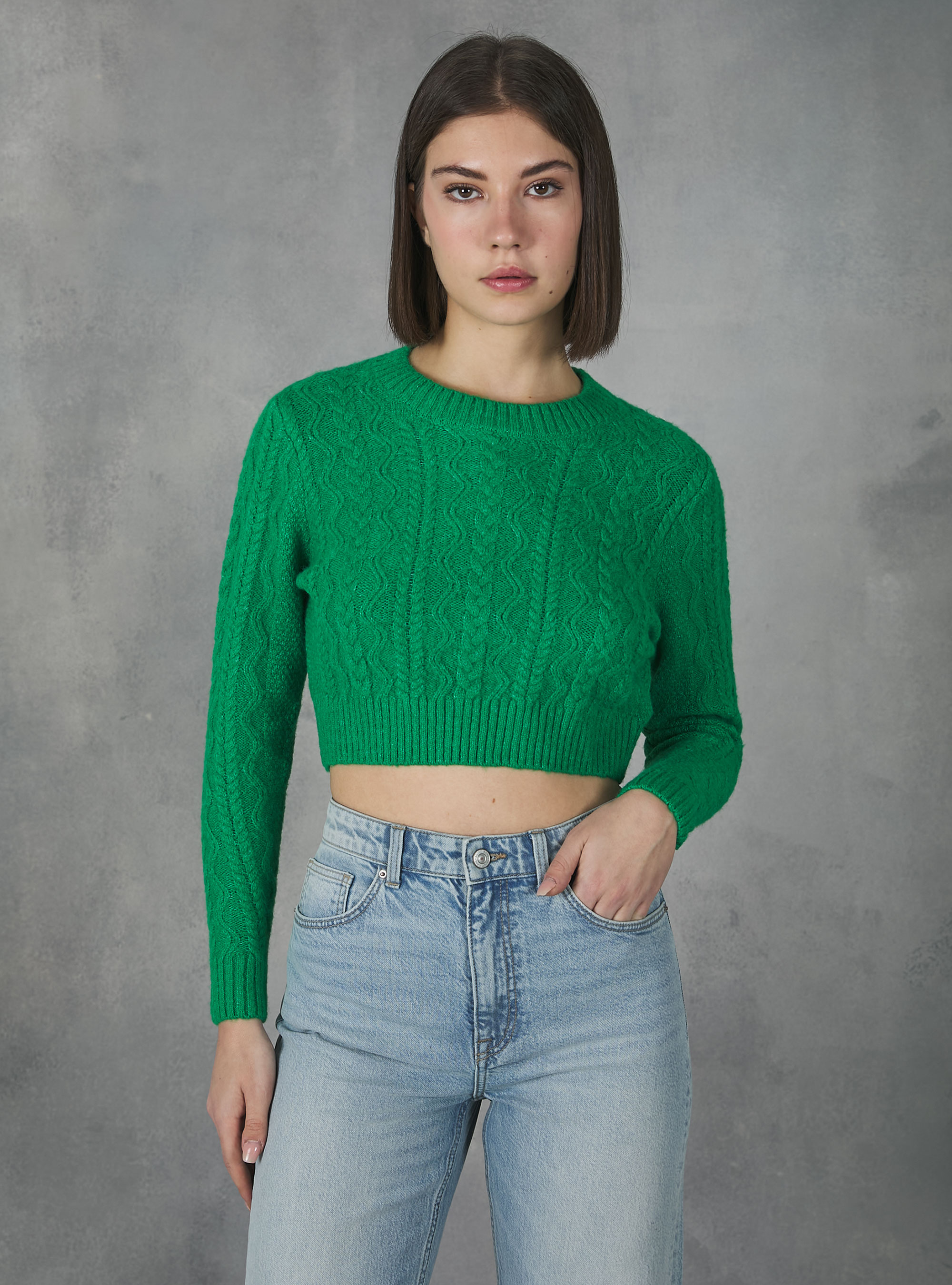 Cropped pullover with braids, GN2 GREEN MEDIUM