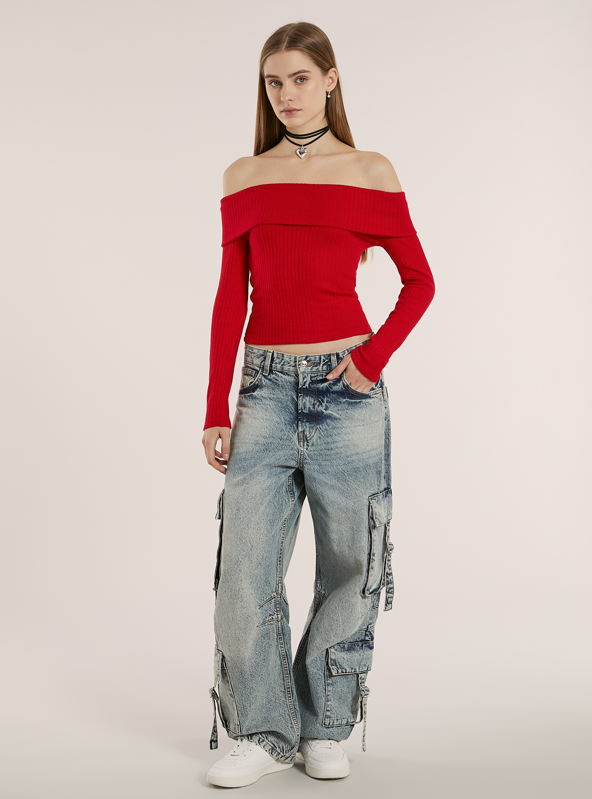 Pullover mit geripptem Bardot-Ausschnitt, RD2 RED MEDIUM