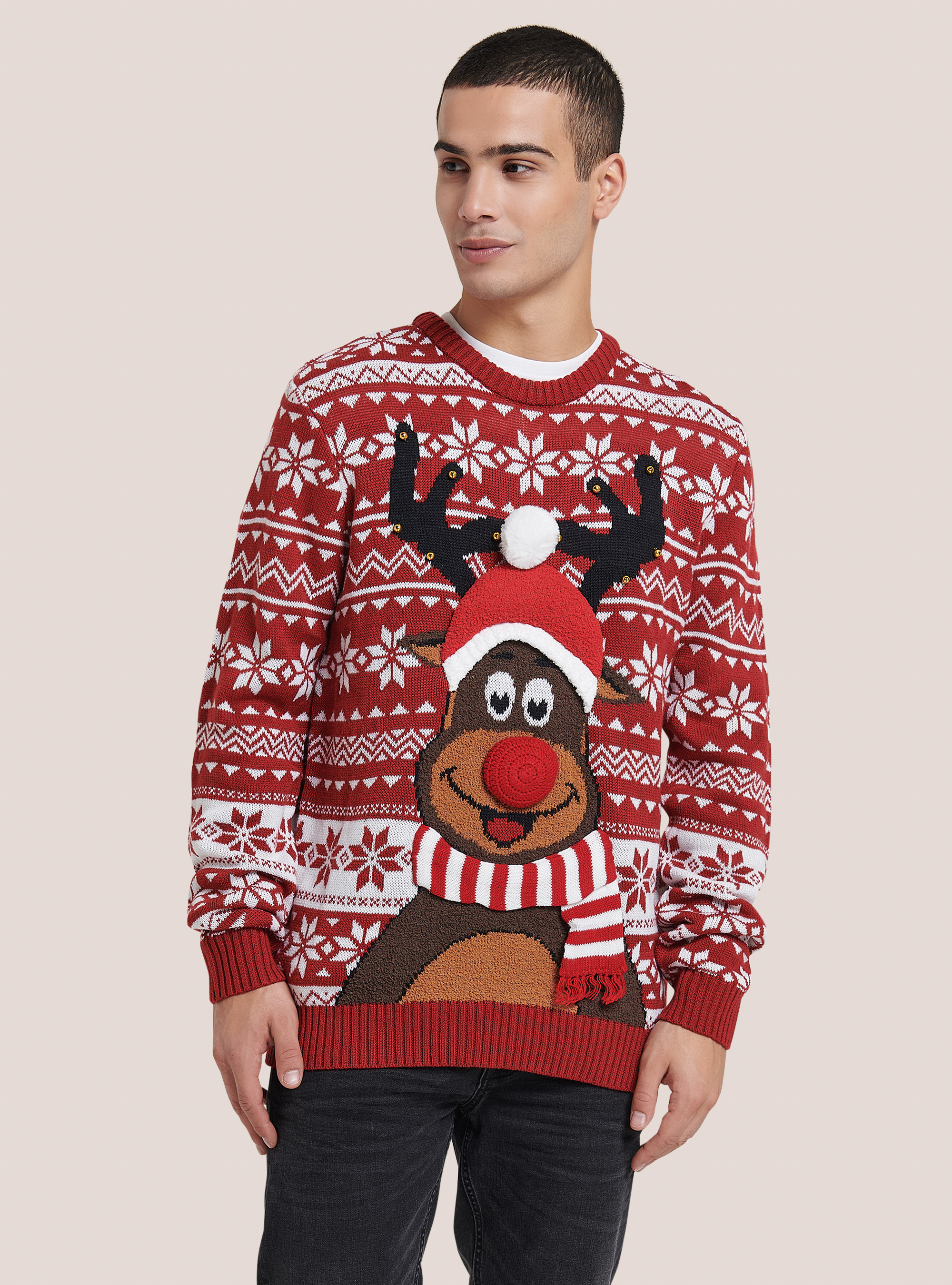 Jersey de Navidad con renos y cascabeles, ROJO