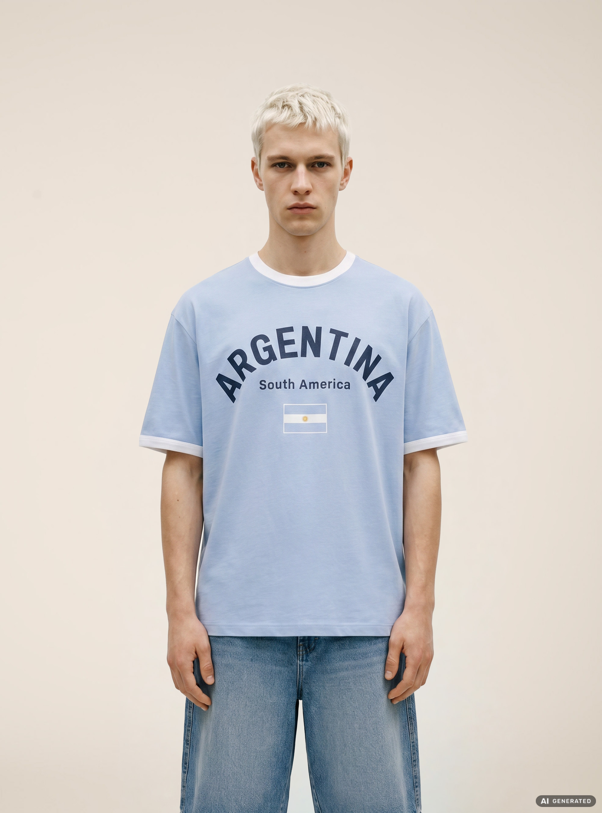 Camiseta Ringer Regular Fit con Gr&aacute;fico Deportivo de Naciones, AZ2 AZURE MEDIUM