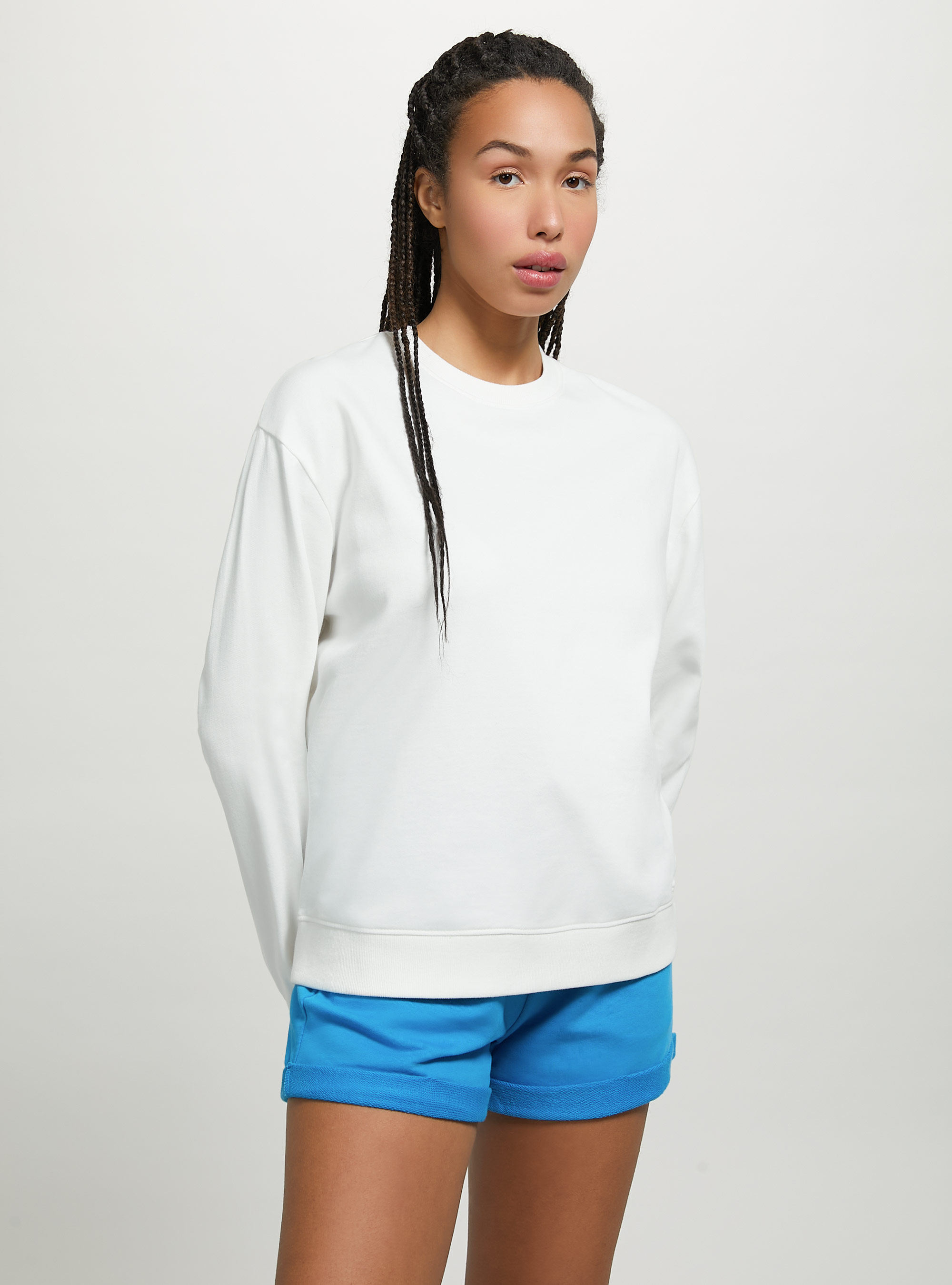 Sudadera lisa de algodón con cuello redondo, WH2 WHITE