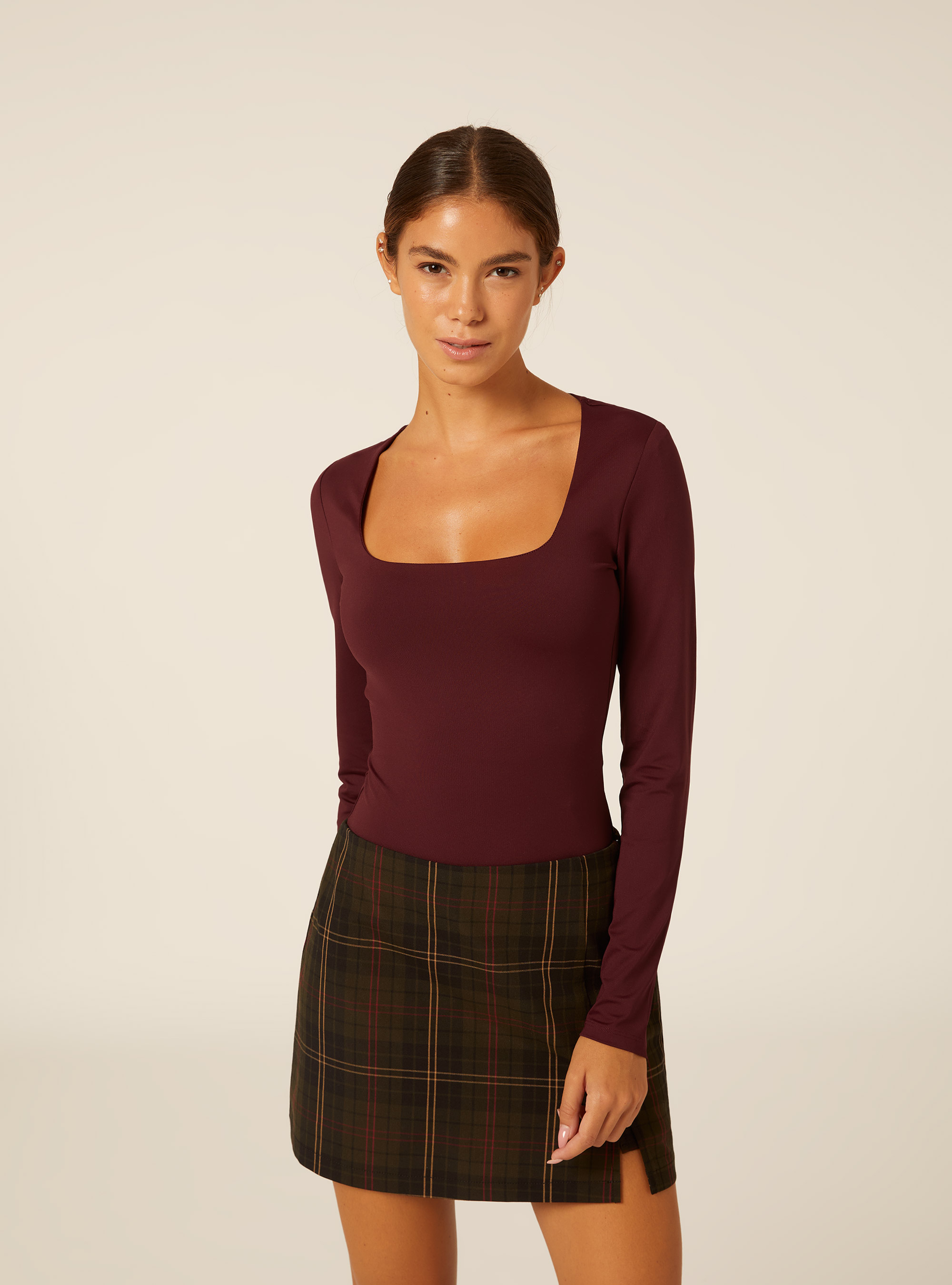 Body de manga larga con escote cuadrado, BO1 BORDEAUX DARK