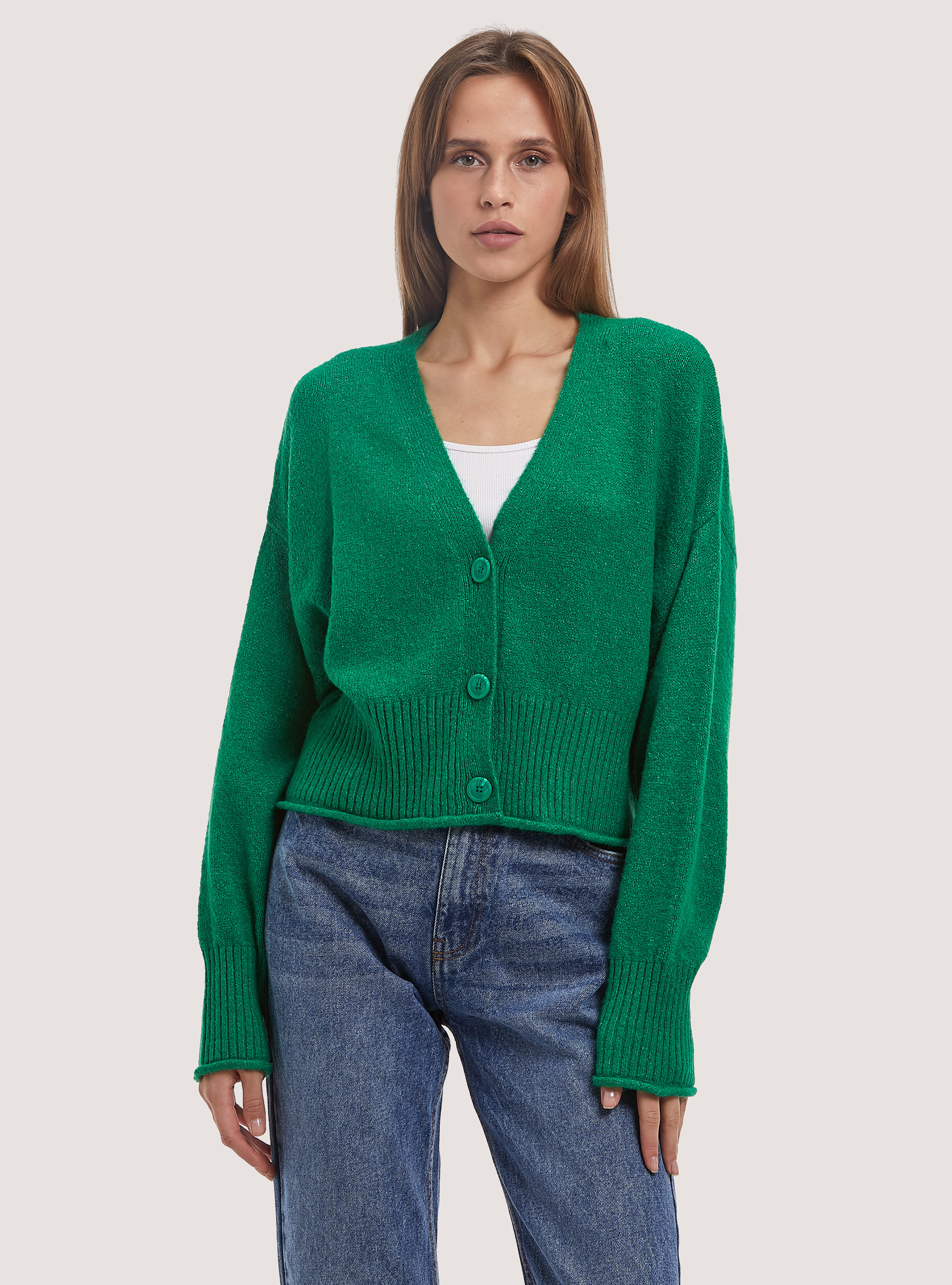 Pullover cardigan con scollo a V, GN2 GREEN MEDIUM
