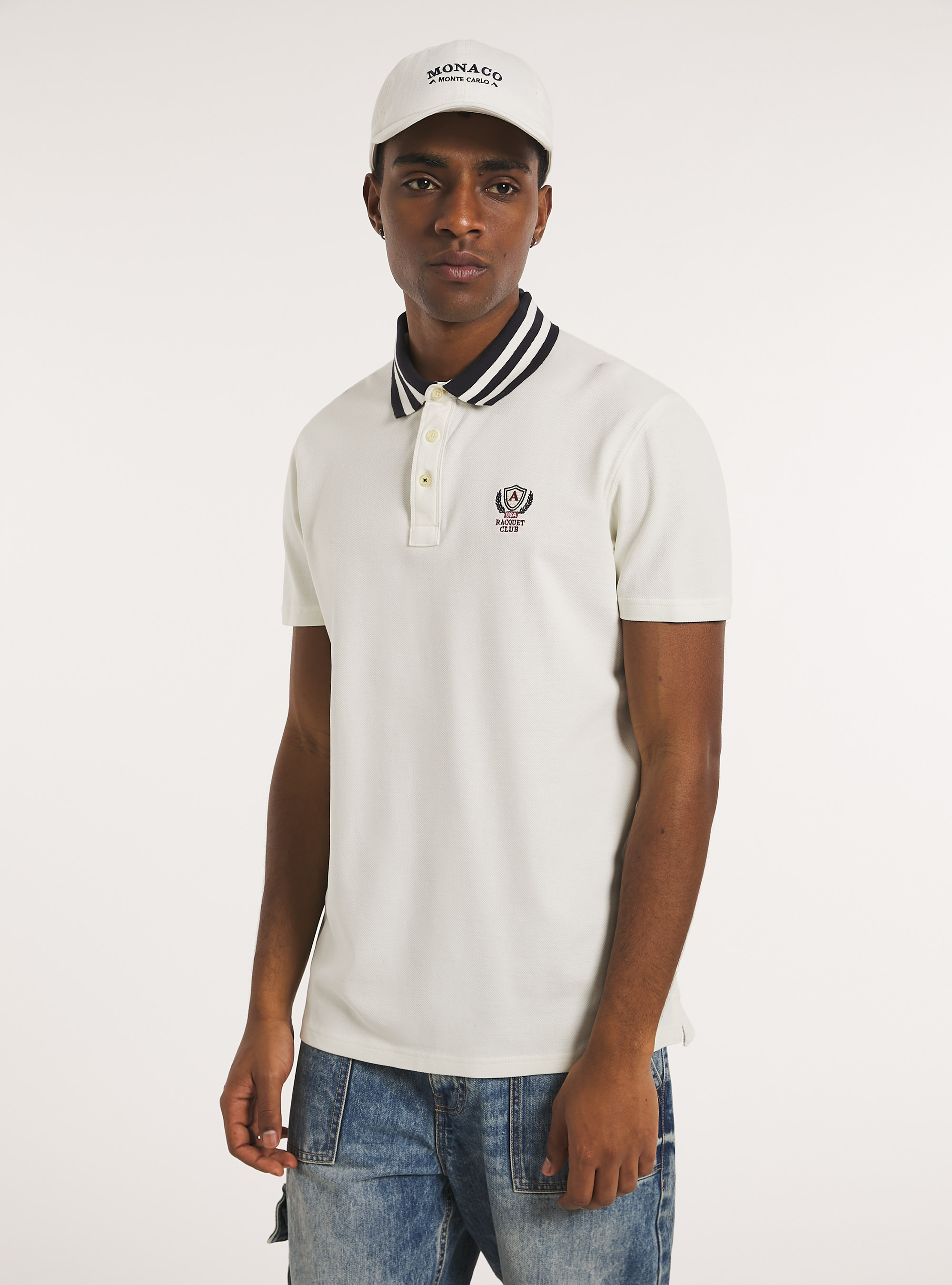 Cotton polo shirt with embroidery, C0020 OFF WHITE