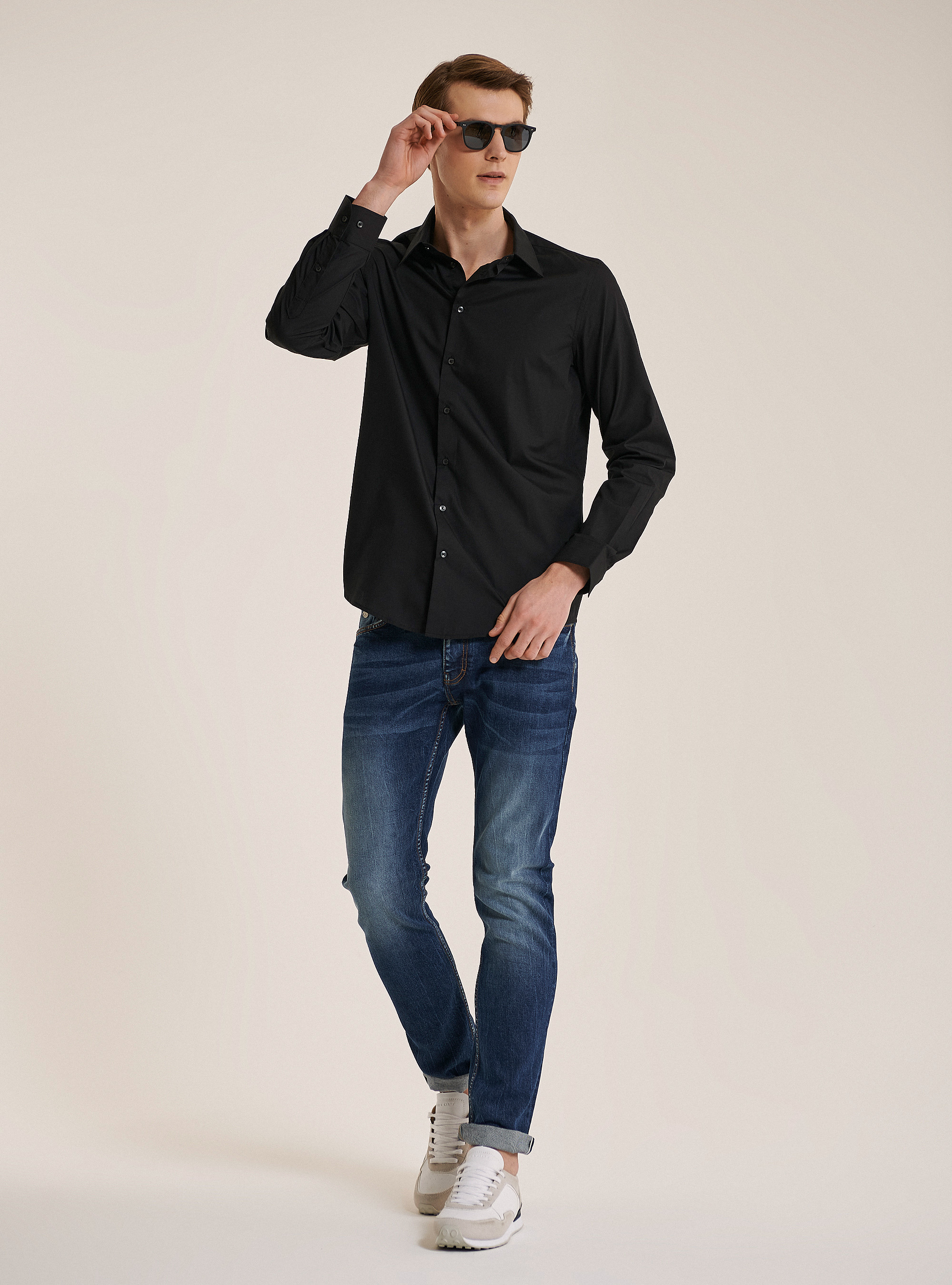 Basic solid colour long sleeves shirt, BLACK