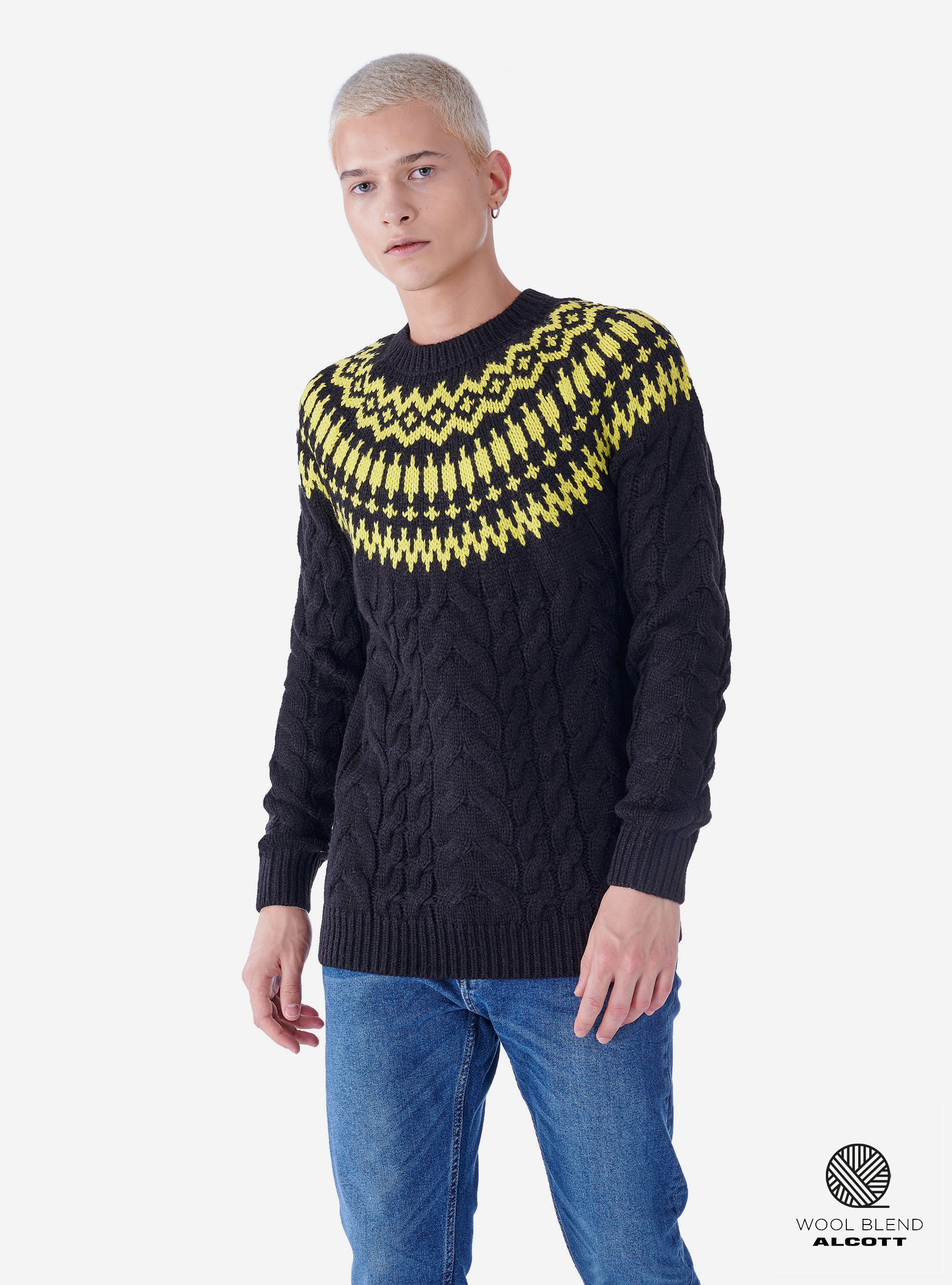 ROUND NECK PRINTED PULLOVER, BLACK/YELLOW B75
