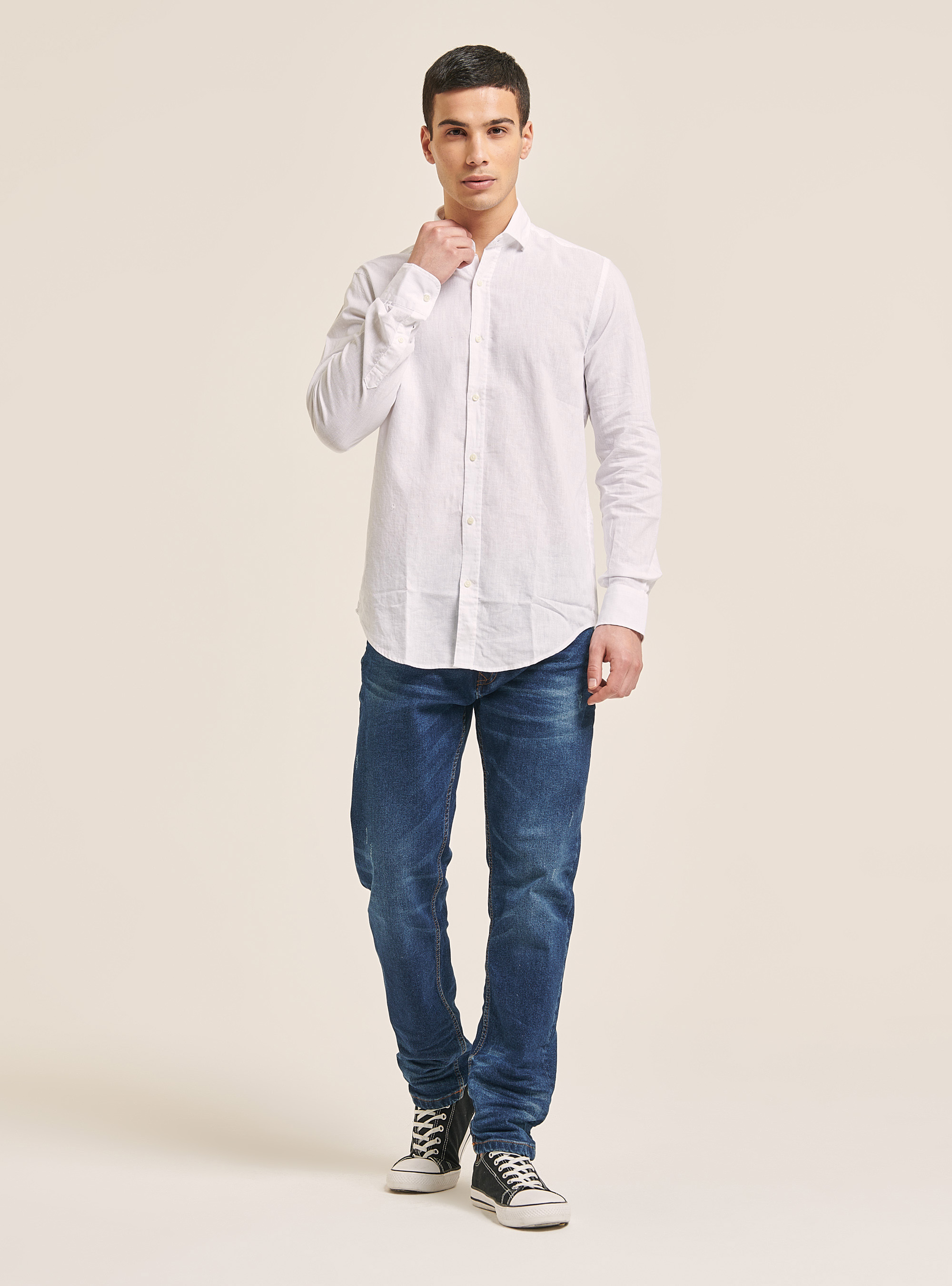 Camicia in puro lino a maniche lunghe, BIANCO