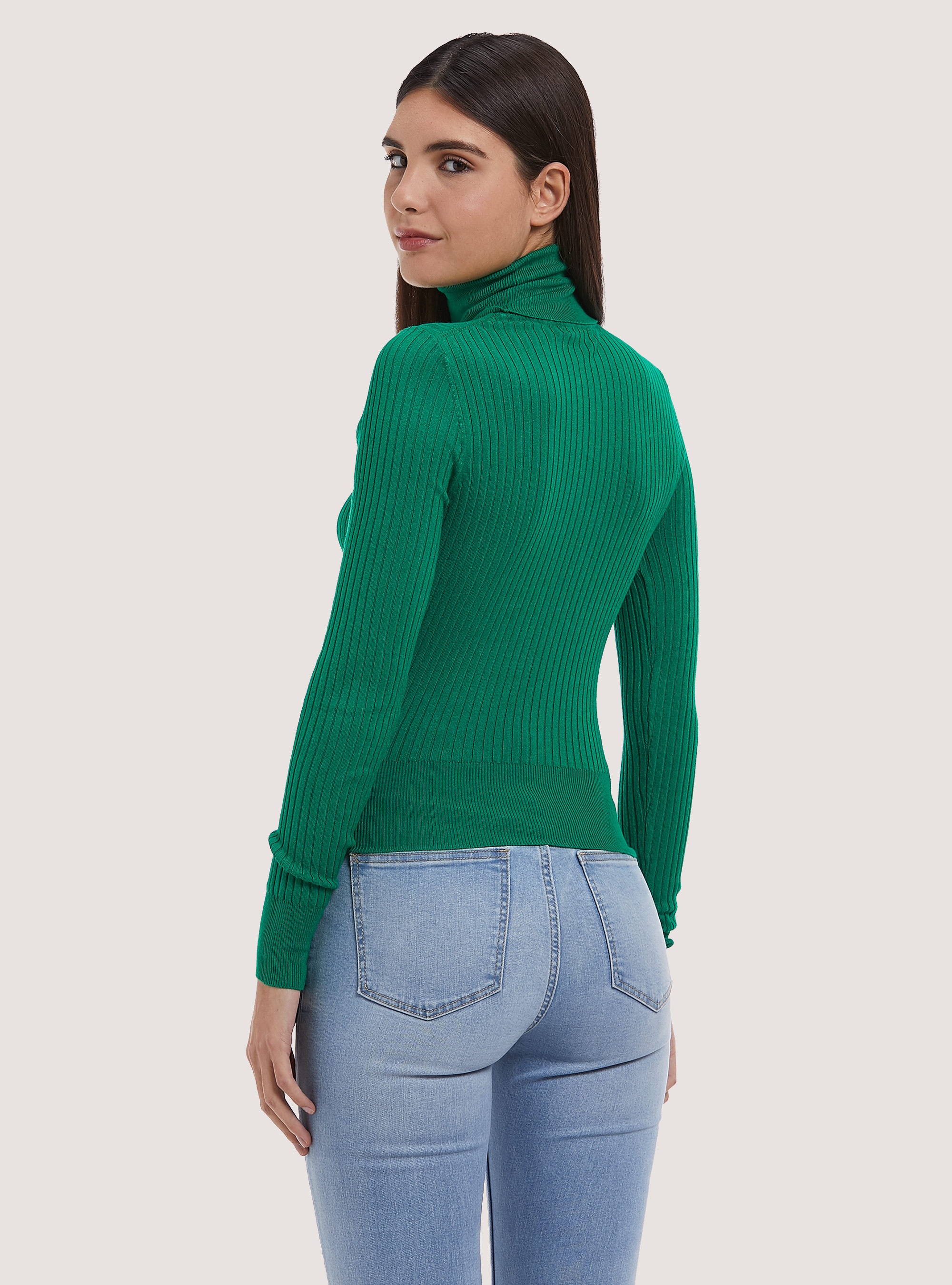 Pullover cropped a collo alto a coste, GN2 GREEN MEDIUM
