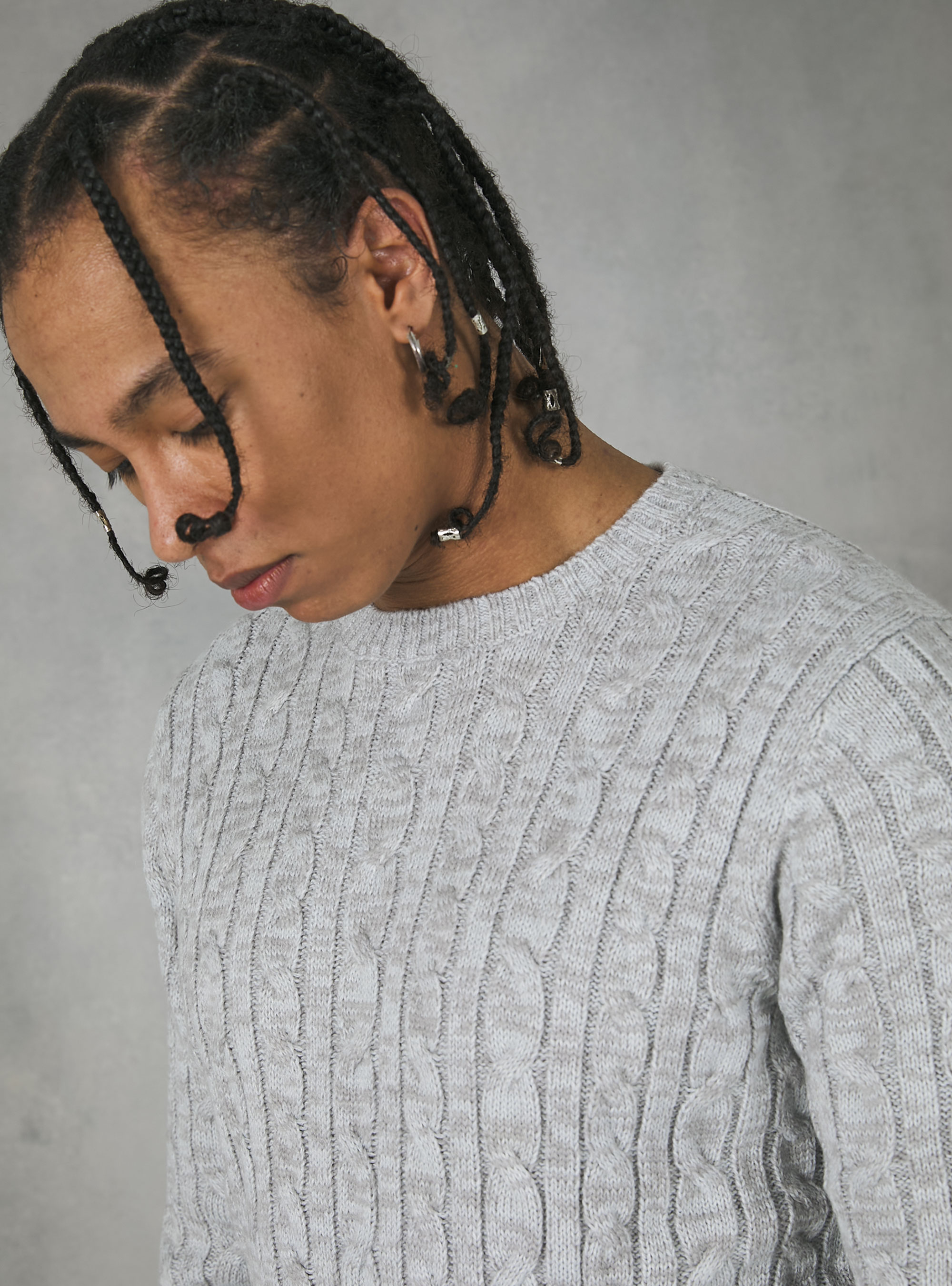 Crew-neck pullover with braids, MGY3 GREY MEL LIGHT