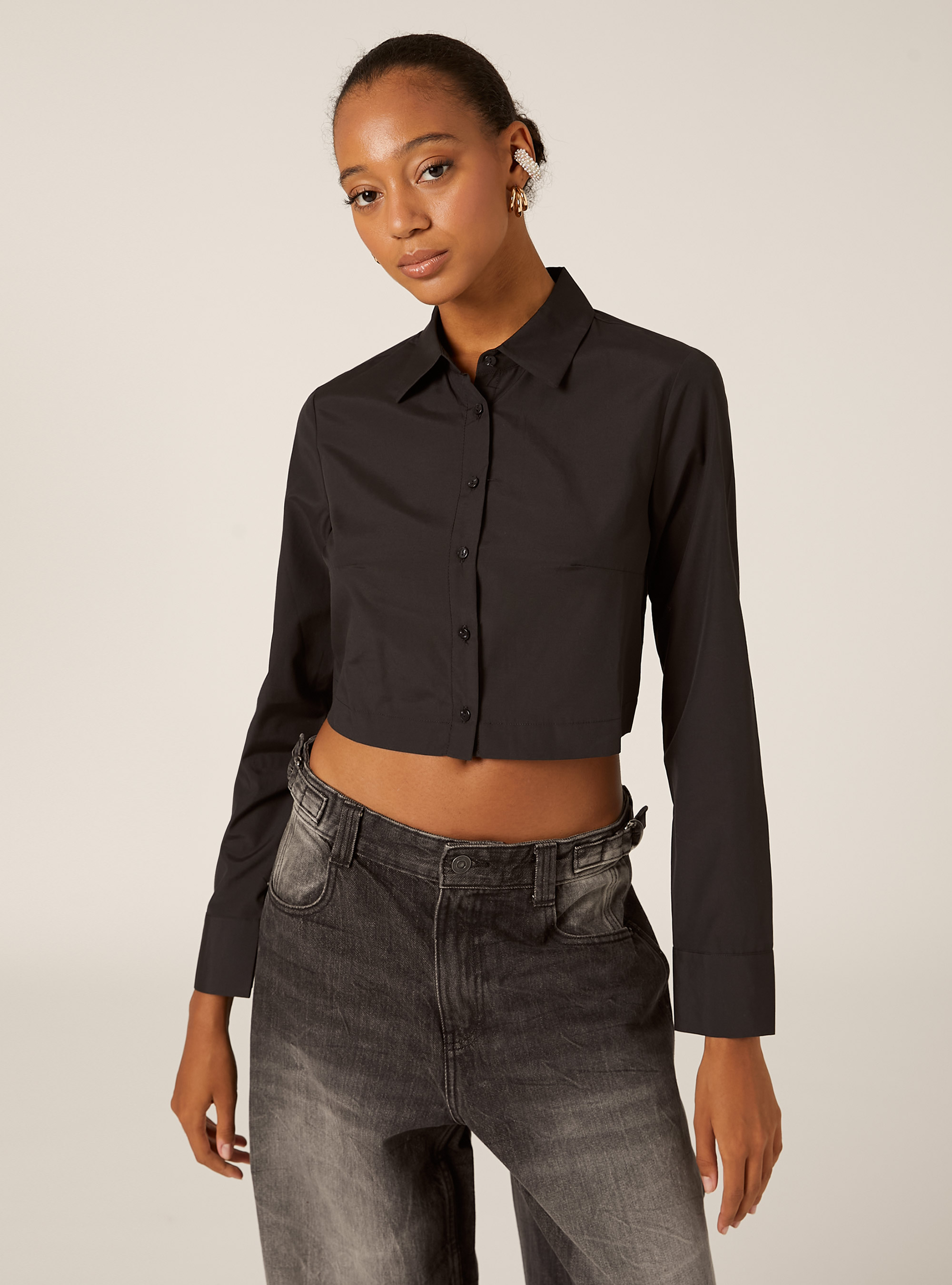 Cropped poplin shirt, BK1 BLACK