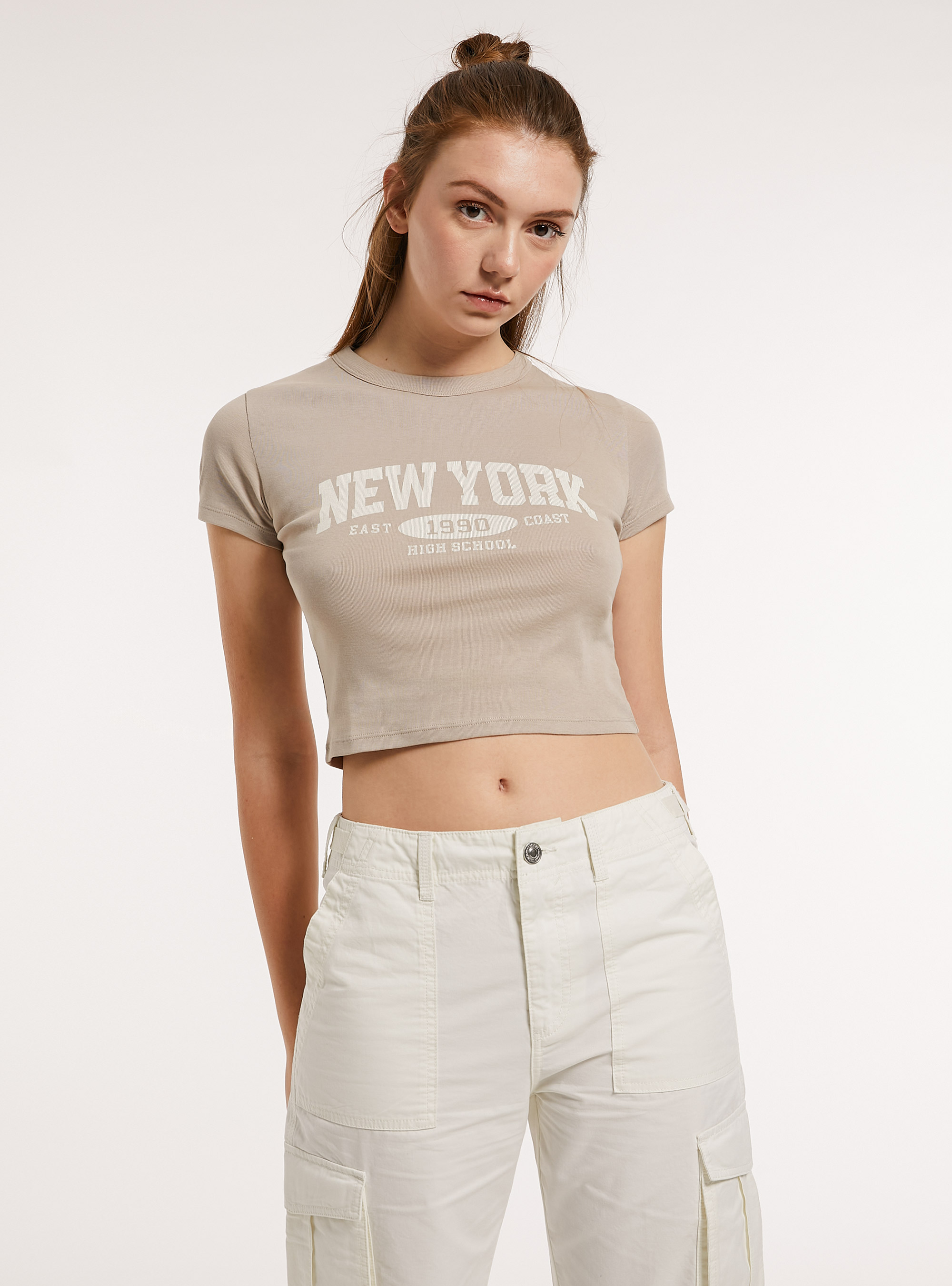 Cropped t-shirt with print, BG3 BEIGE LIGHT