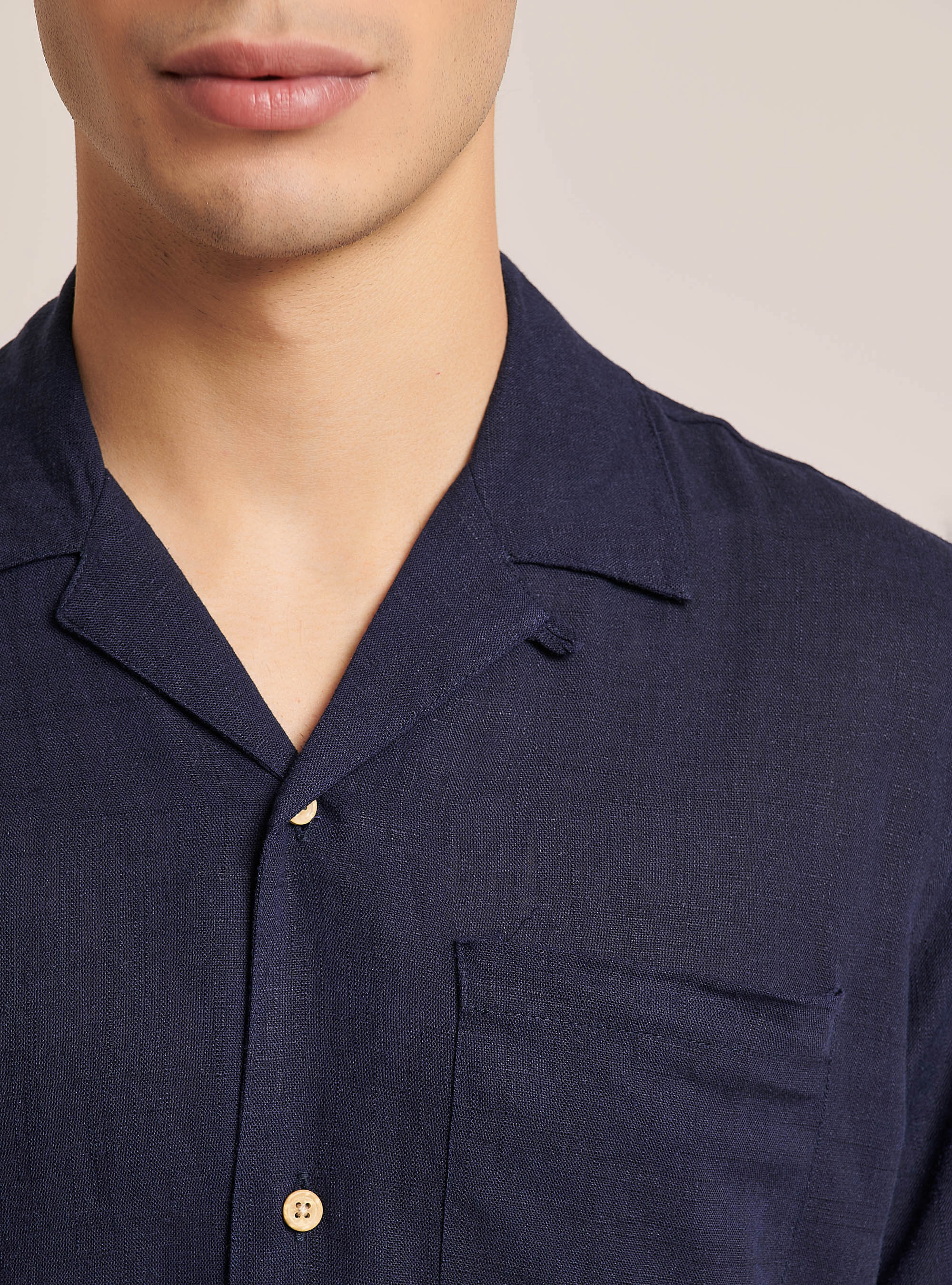 Linen blend shirt with bowling collar, C2456 BLU
