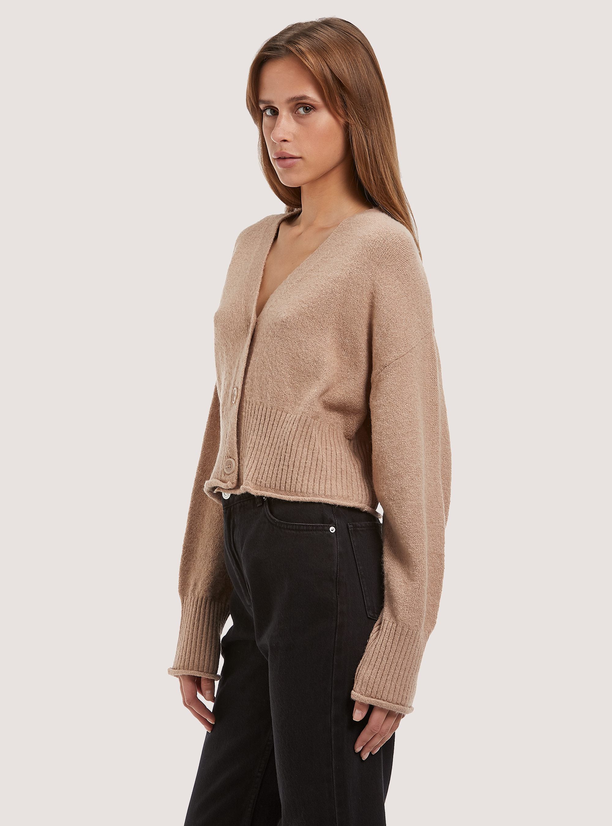 Pullover cardigan con scollo a V, MBG1 BEIGE MEL DARK